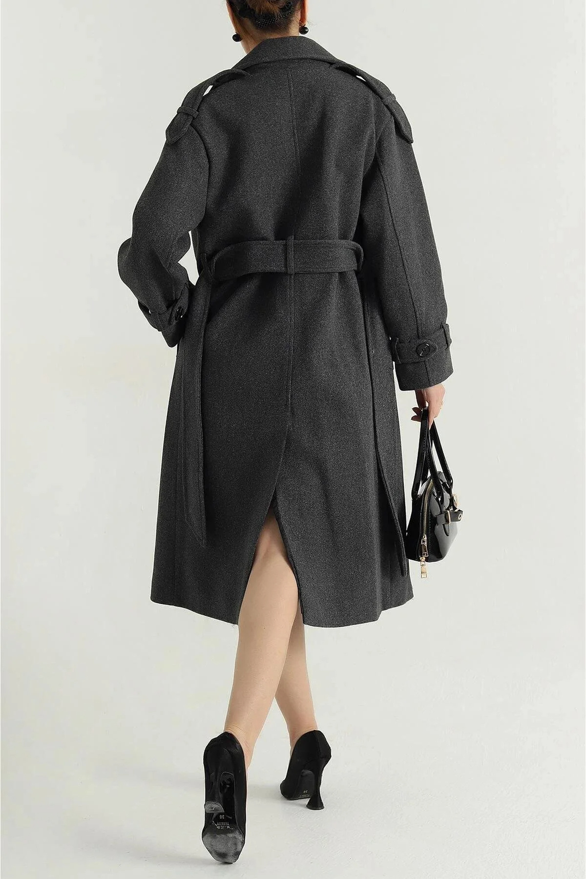 Modayıldızlar  Morena Antrasit Kuşaklı Yeni Sezon Astarlı Premium Kalite Rahat Kalıp Kadın Kaşe Kaban - Görsel 3