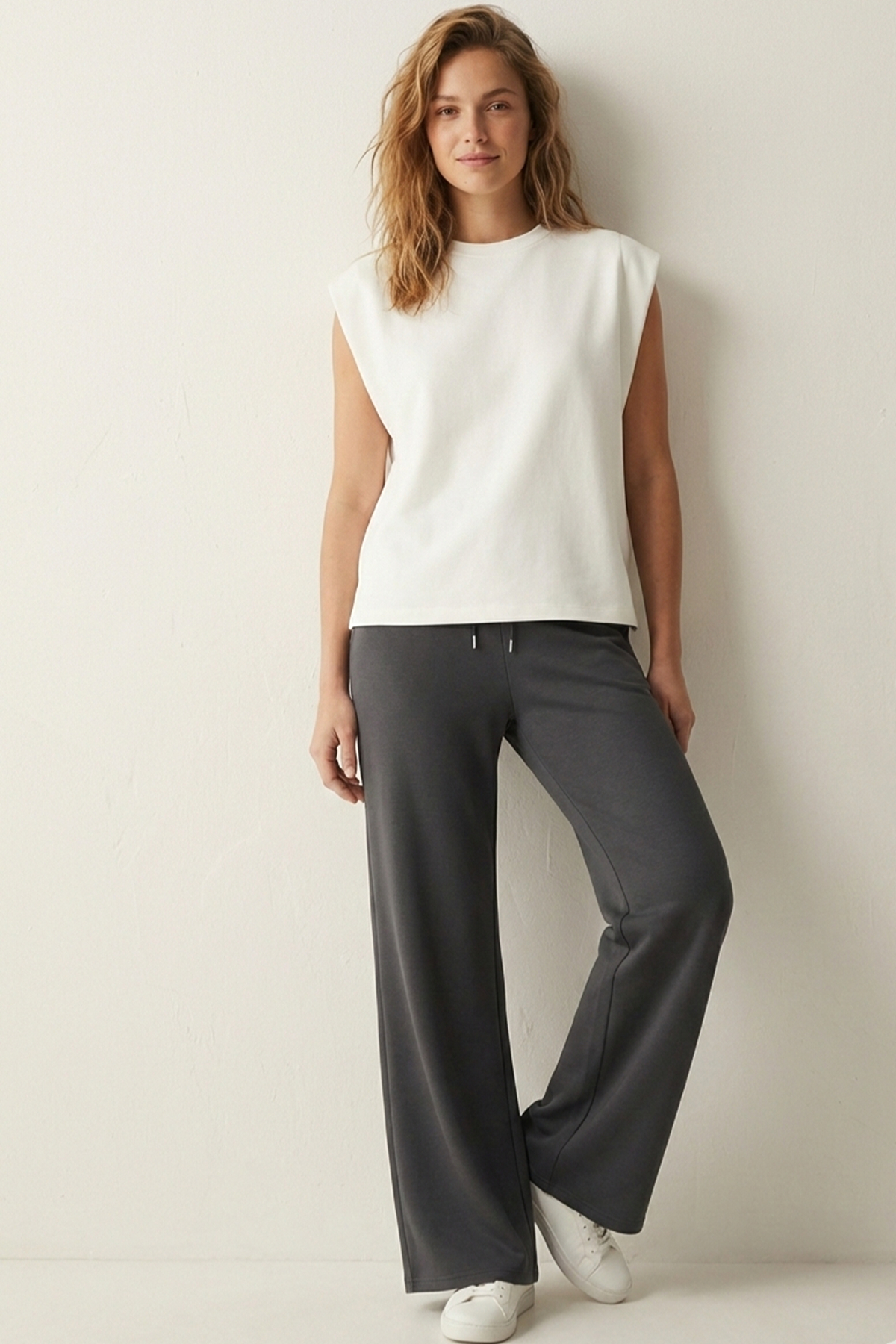 Elemge  Pamuklu Kadın Eşofman Altı Yüksek Bel Antrasit Dar Kalıp Flare Fit Geniş Paça İpli Cepli Esnek Likra - Görsel 4