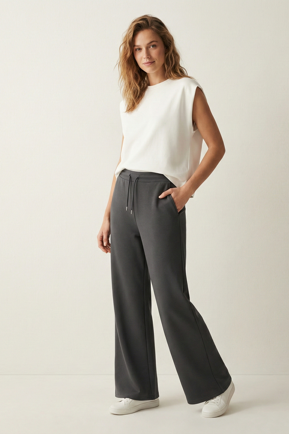 Elemge  Pamuklu Kadın Eşofman Altı Yüksek Bel Antrasit Dar Kalıp Flare Fit Geniş Paça İpli Cepli Esnek Likra - Görsel 3