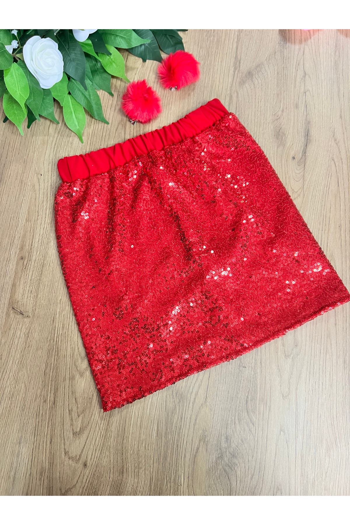 TREND NATURAL Kız Çocuk Bebek Kırmızı Ponponlu Kazak &Pullu Etek &Toka&Çorap Takım 6Ay-8Yaş fotoğrafı 5 (önizleme)