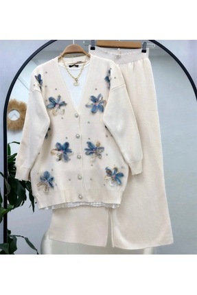 semela Çiçekli Triko Takım (Ten Krem )
