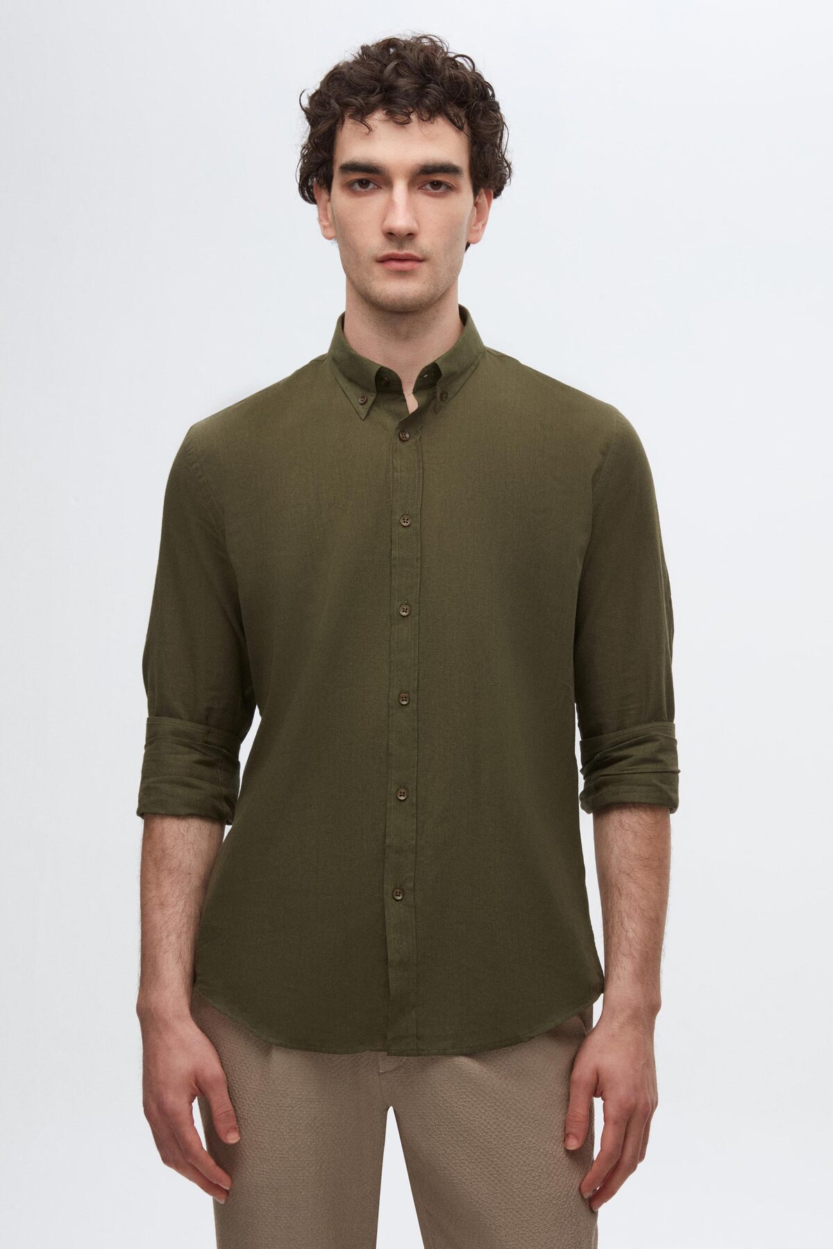 Ds Groom Slim Fit Khaki Buttoned Collar 100% Cotton Summer Flamed Linen Look Shirt