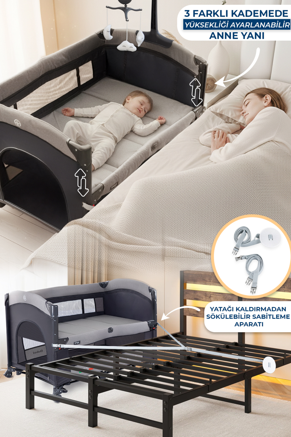 Prego Dubai 10in1 Anne Yanı Park Yatak Oyun Parkı Sallanır Beşik Yana Açılır Kolay Katlanır +Yatak Hediye fotoğrafı 3 (önizleme)