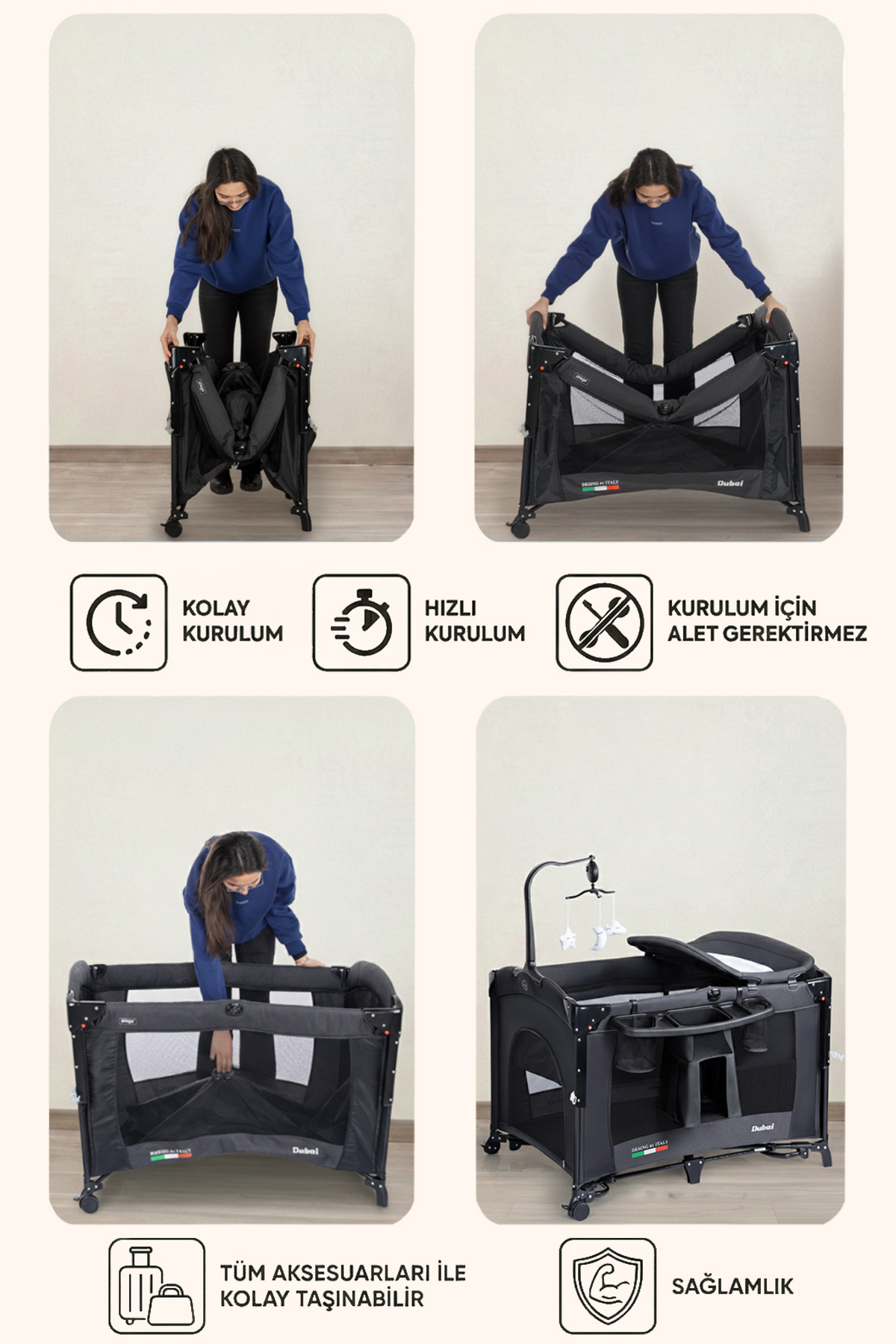 Prego Dubai 10in1 Anne Yanı Park Yatak Oyun Parkı Sallanır Beşik Yana Açılır Kolay Katlanır +Yatak Hediye fotoğrafı 5 (önizleme)