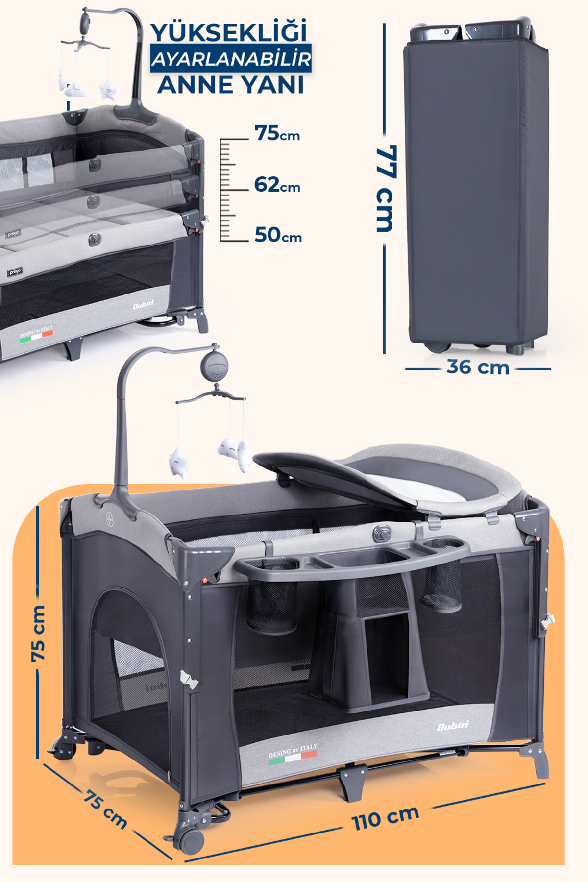 Prego Dubai 10in1 Anne Yanı Park Yatak Oyun Parkı Sallanır Beşik Yana Açılır Kolay Katlanır +Yatak Hediye fotoğrafı 7 (önizleme)