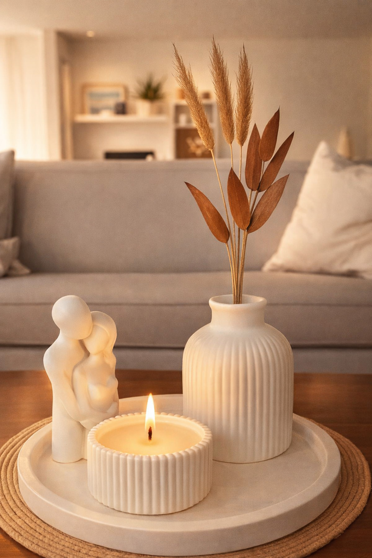 Decorative Concrete Tray, Wrapped Dear Trinket, Pampas Vase And Scented Candle(Plants Not Included)
