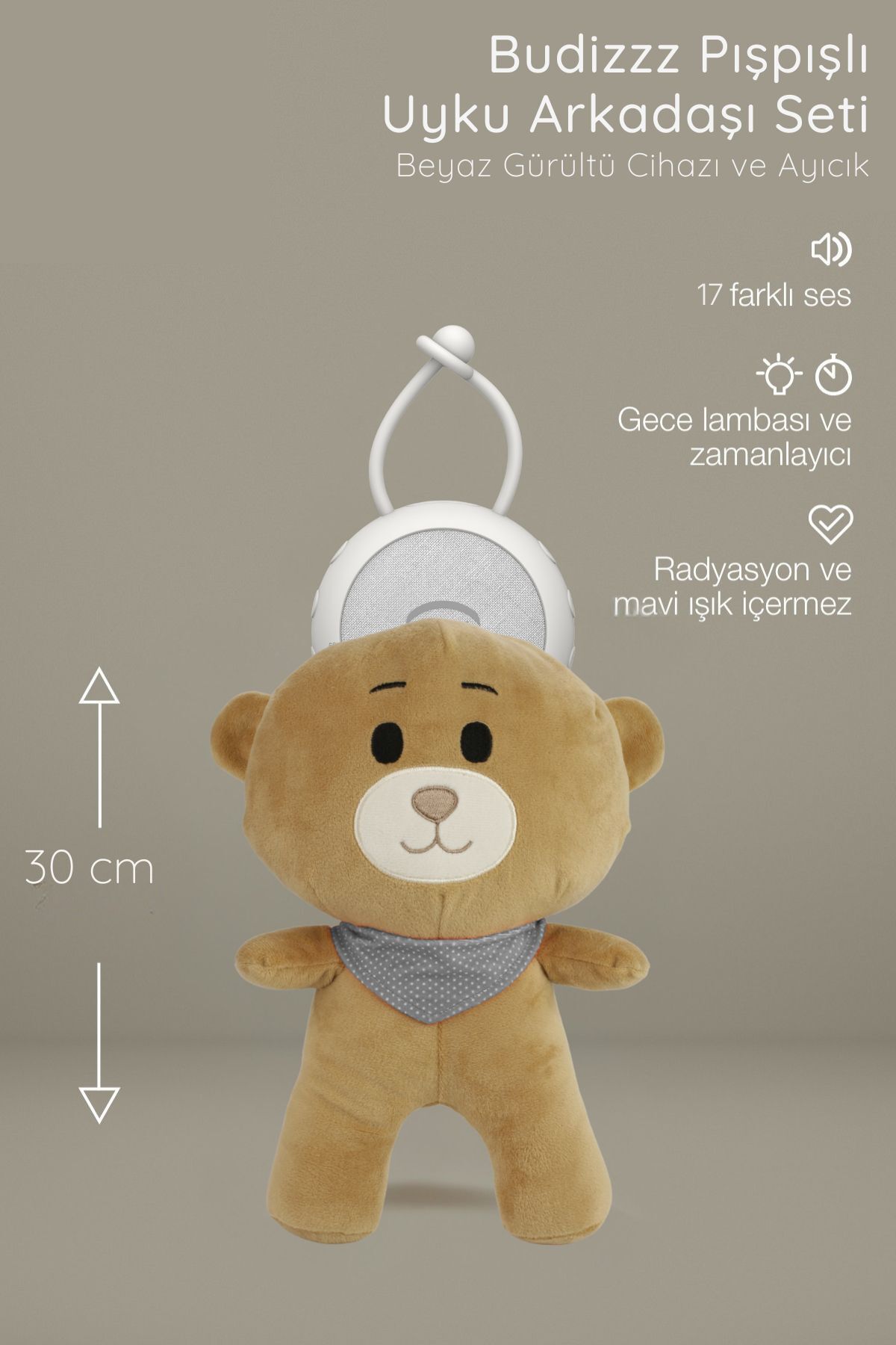 Budizzz White Noise Device | Baby Sleep Companion Grey Scarf Teddy Bear