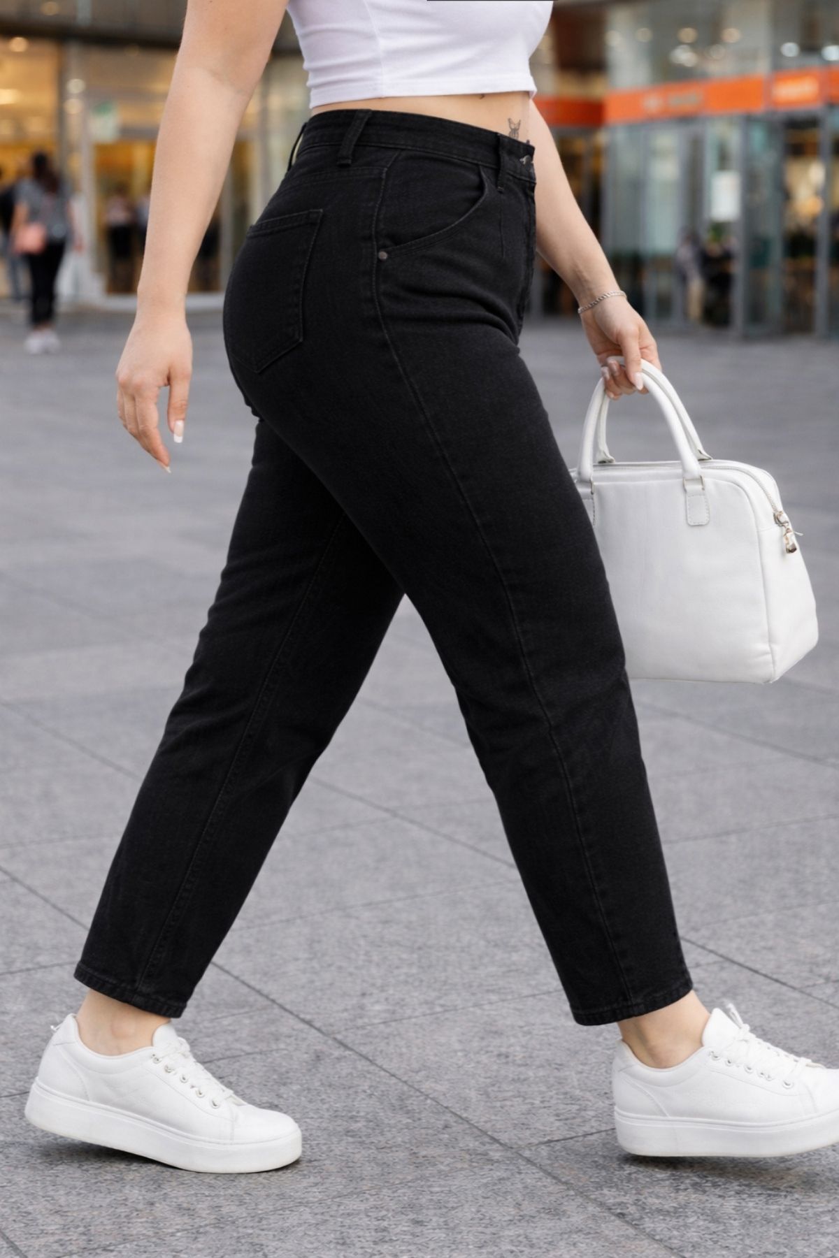 CEDY DENIM Mom Fit Jean Büyük Beden Yüksek Bel Carrot Kesim Dar Paça Pileli Esnek Kot Pantolon C600-siyah görsel 6