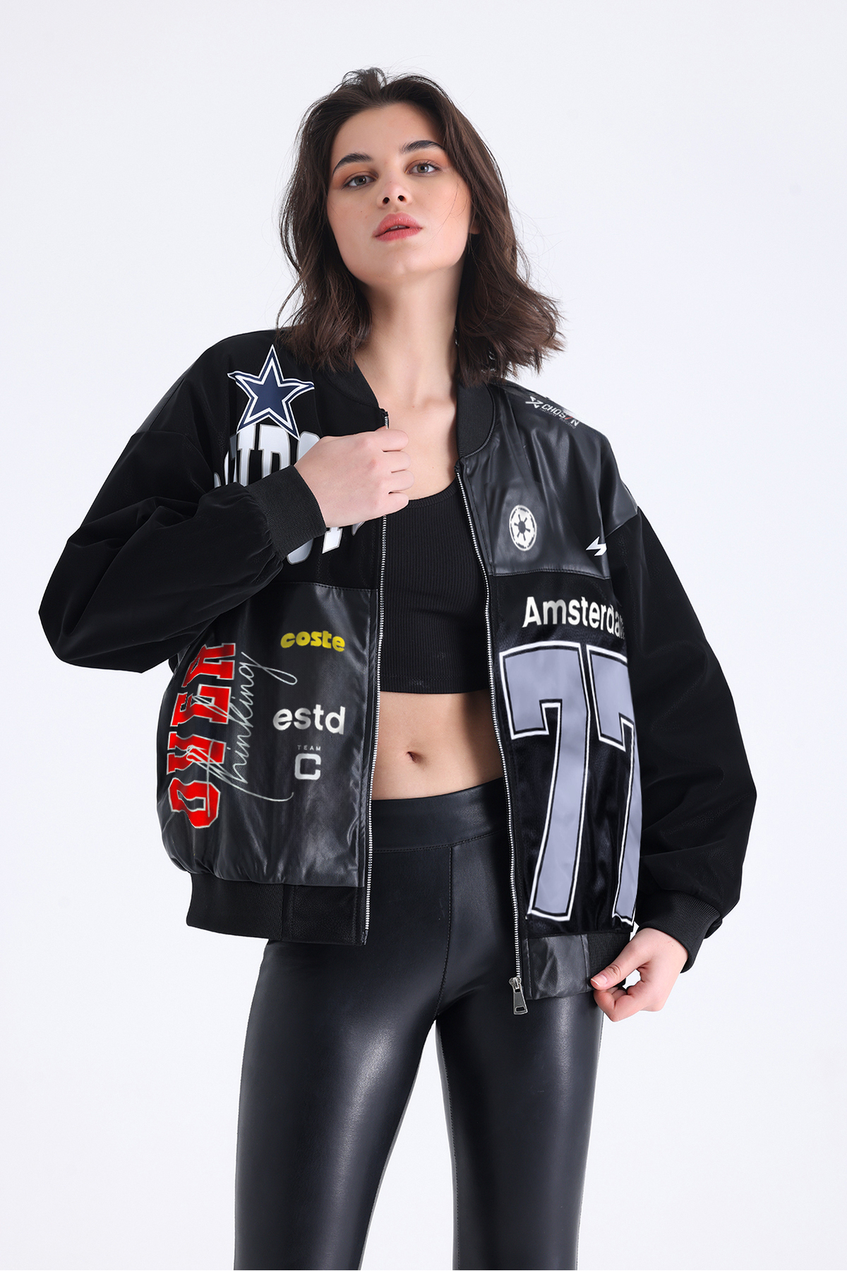 Black Level  Kadın Oversize Baskılı Deri Motorcu Montu Fermuarlı Yarışçı Ceket Astarlı Bomber Kolej Mont - Görsel 3