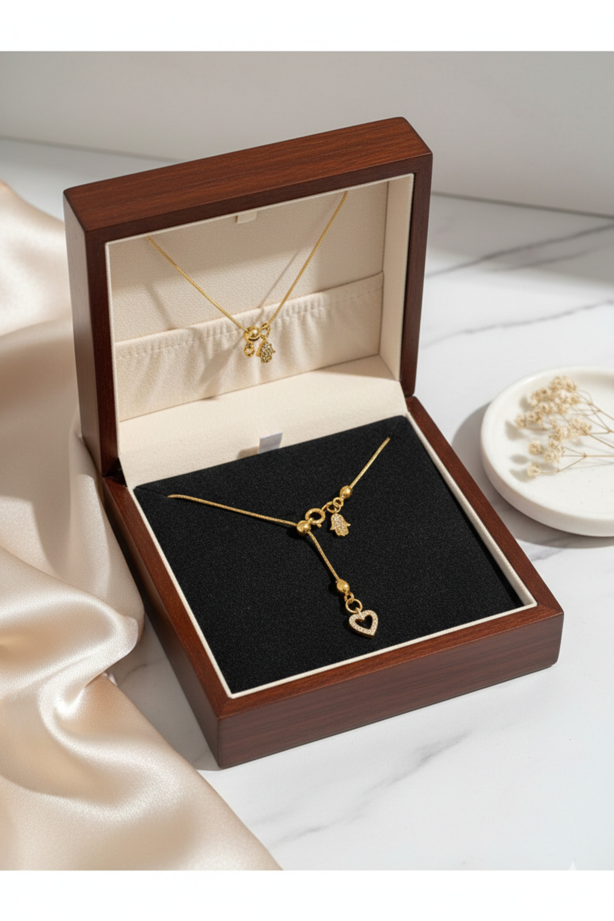 Taşlı Kalp ve Mini Taşlı Hamsa Charm Asansör Model Paslanmaz Çelik Kadın Kolye -Sevgililer Günü Özel