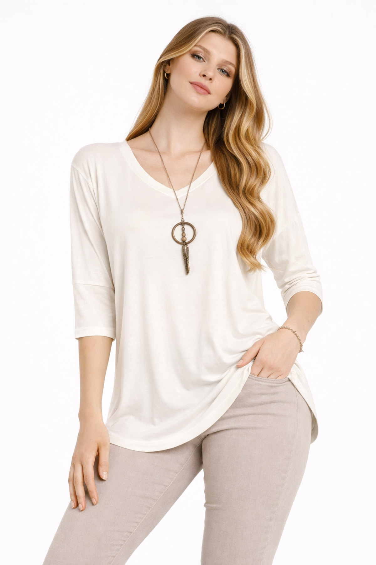 Women's V-Neck Loose Fit Tunic Ecru