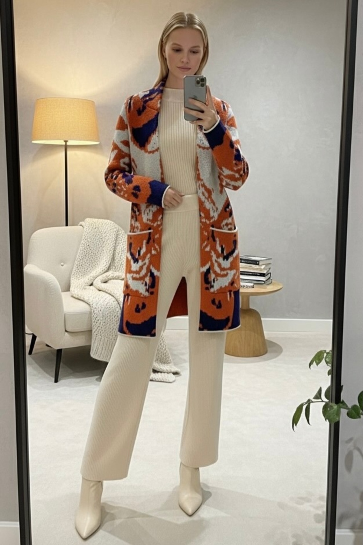 lamea Kadın Desenli Uzun Oversize Triko Hırka, Cepli, Turuncu/Lacivert görsel 3