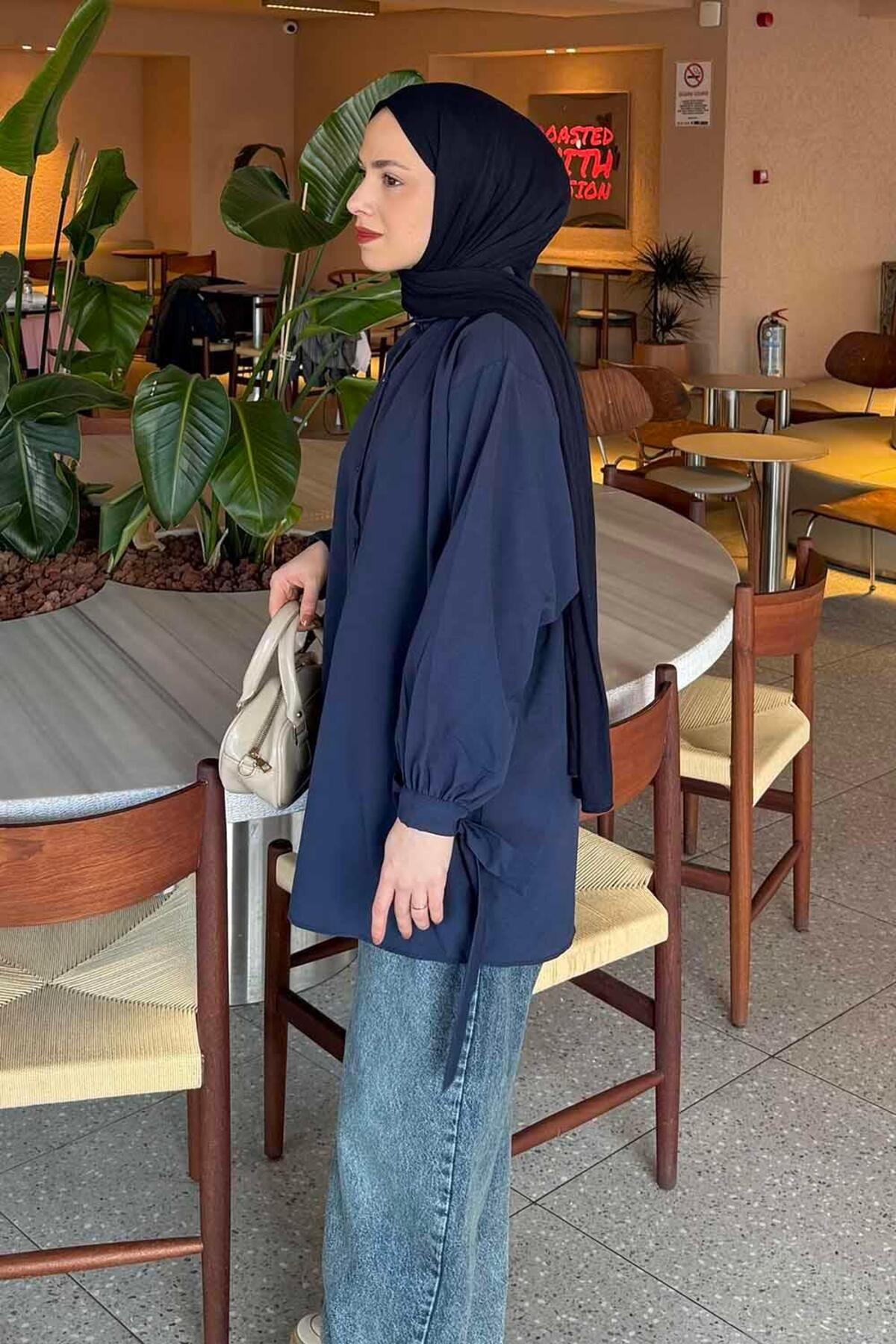 lamelif Kol Detaylı Gömlek Oversize Gömlek Lacivert görsel 2
