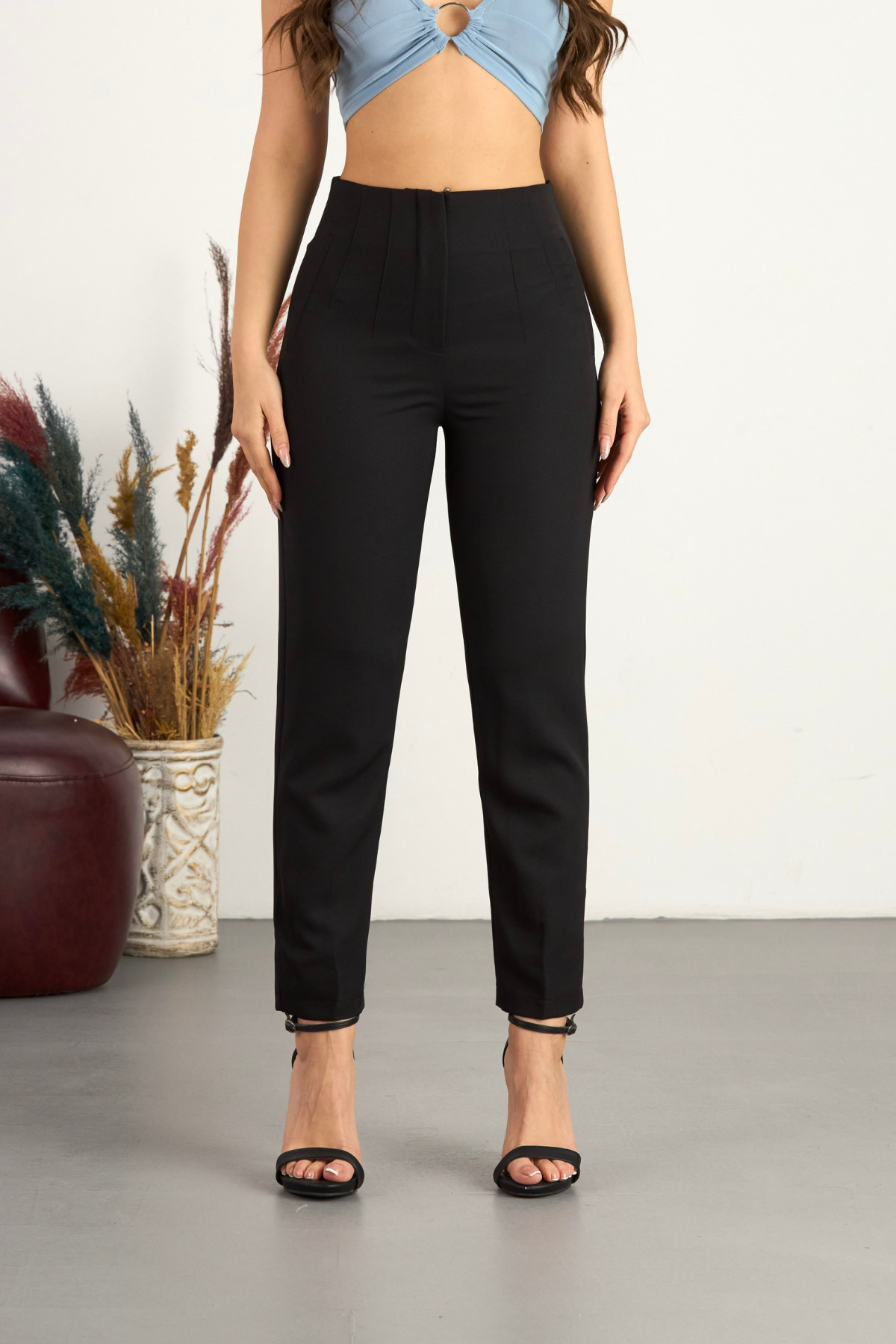 BİKELİFE  Kadın Yüksek Bel Pensli Dar Paça Kumaş Pantolon - Görsel 3