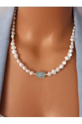LemaStone Doğal gerçek kültür incisi 8 mm ve Akuamarin taşlı kolye ve küpe se...