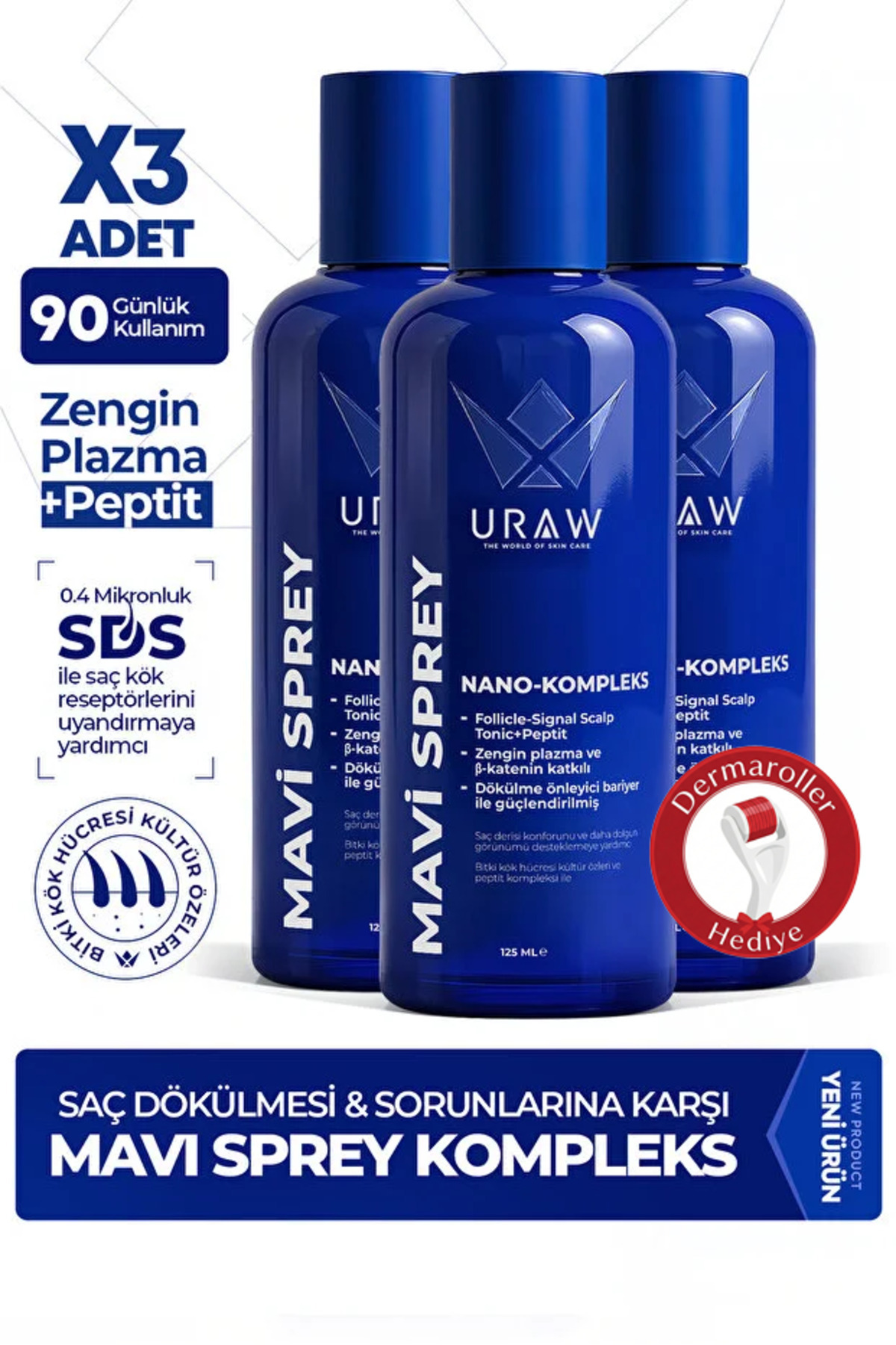 Uraw Mavi Sprey 3’lü Set | Saç Kökü Aktivasyonunu Destekleyen Yoğun Bakım Spreyi - Fiyatı, Yorumları