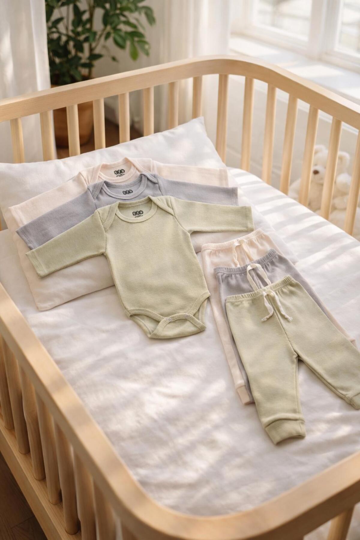 EFU BABY 3'lü %100 Pamuklu Unisex Esnek Uzun Kol Kaşkorse Bebek Body Pantolon Takım fotoğrafı 3 (önizleme)