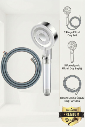 Plodna House Filtreli Beyaz Çelik 5 Fonksiyonlu Duş Başlığı Seti – 150 cm Mis...