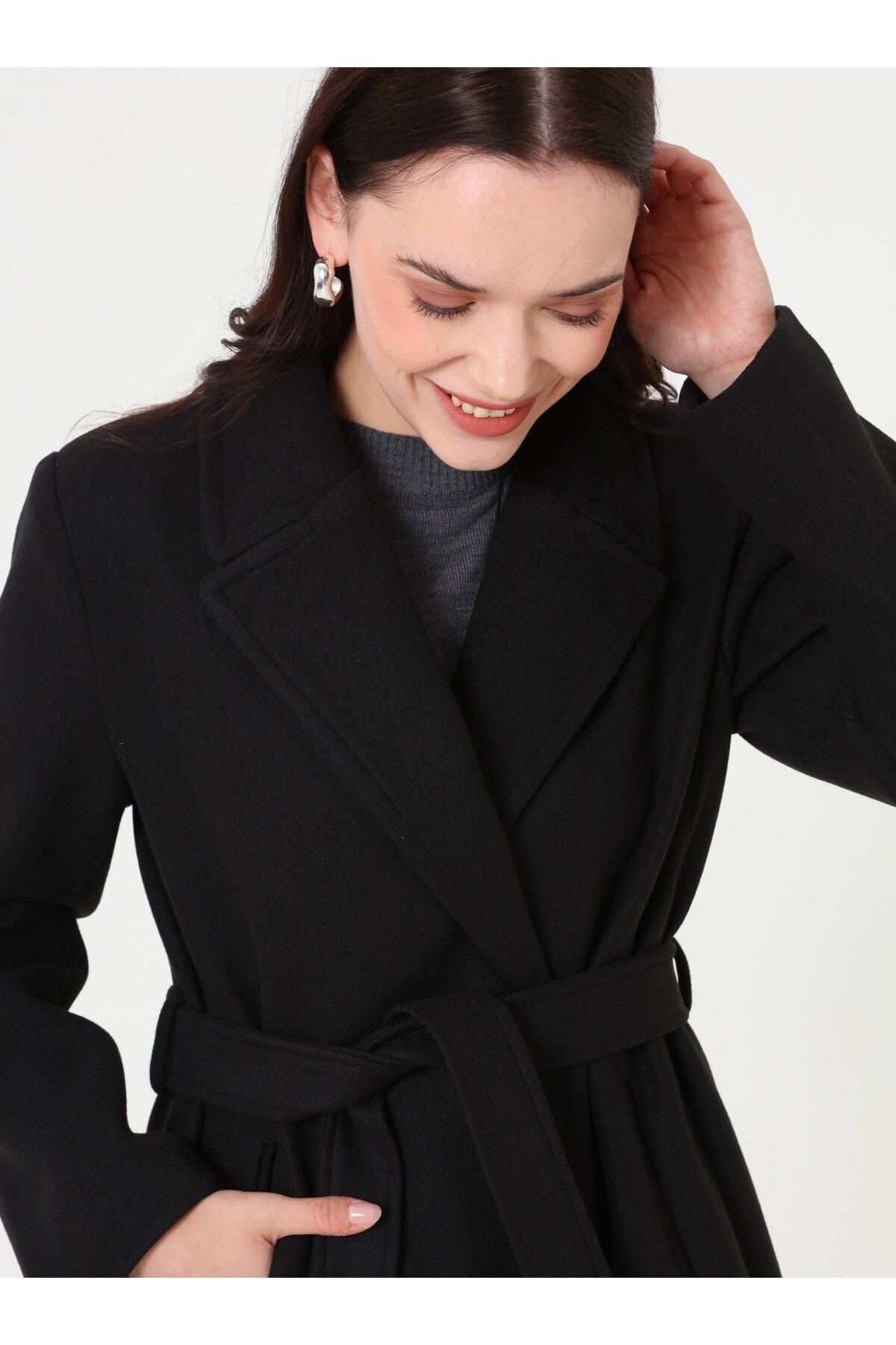 Refka  Kemer Detaylı Uzun Klasik Kaban - Siyah - - Görsel 4