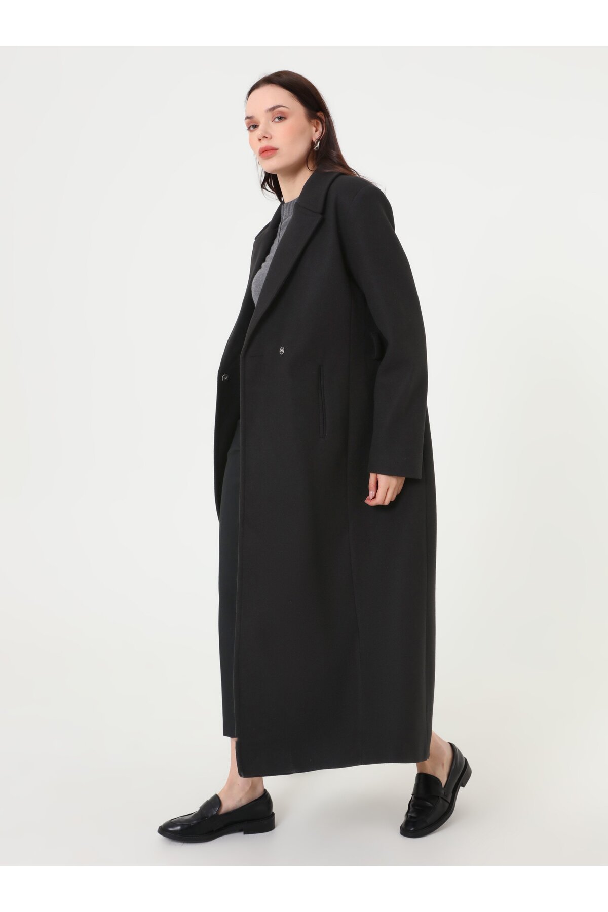 Refka  Kemer Detaylı Uzun Klasik Kaban - Siyah -