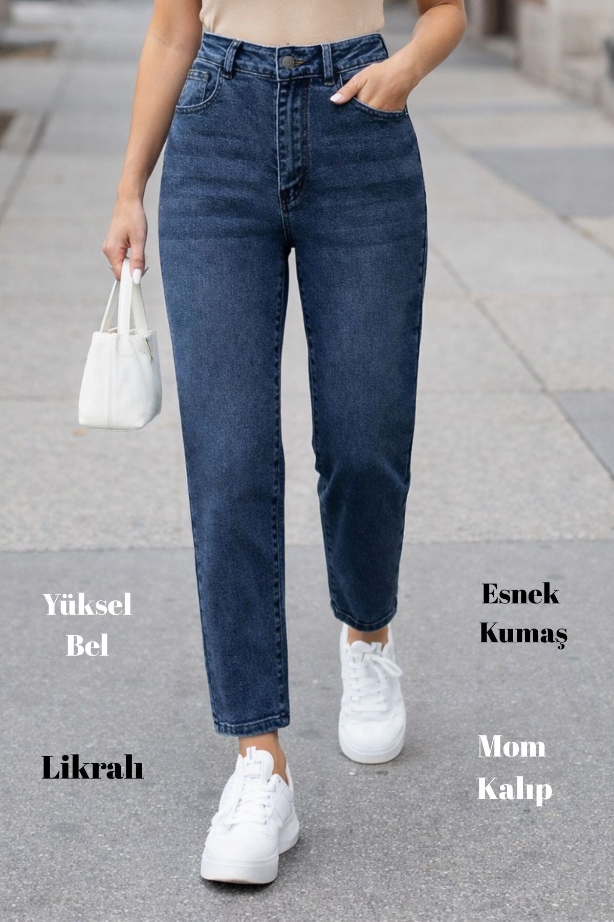 CEDY DENIM Mom Fit Jean s vysokým pásom - Boyfriend Strih Modré dámske džínso...