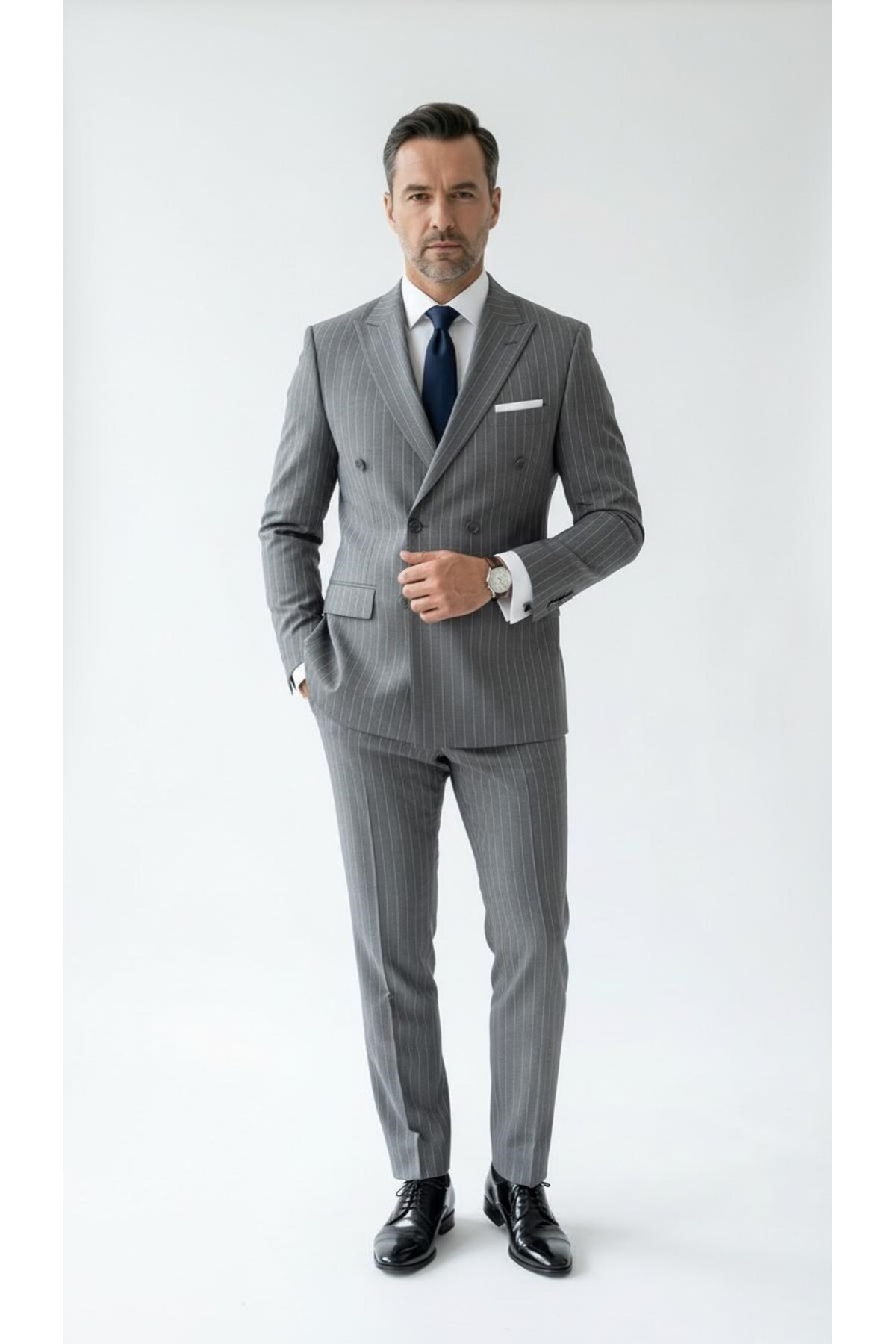 Plus Scorpion  Çizgili Kruvaze Erkek Takım Elbise – Şık ve Rahat İtalyan Kesim, Belden Oturtmalı, Top Düğmeli - Görsel 6
