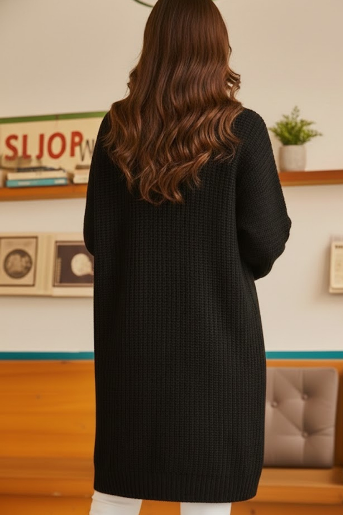 Marvine  Kadın Siyah Oversize Model Triko Hırka - Görsel 3