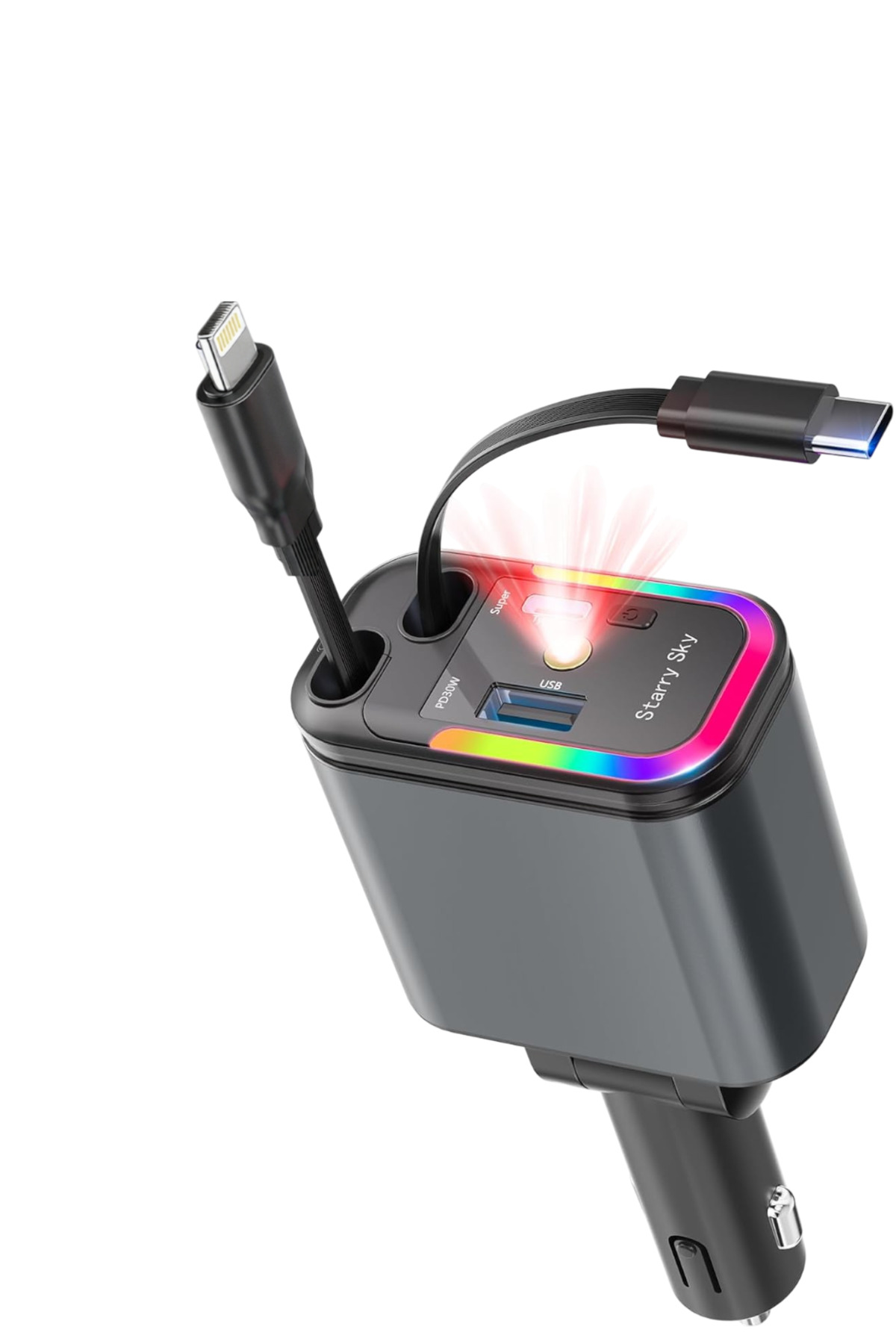 Type-C & Lightning Çek-Bırak Kablolu Stary Sky Yıldız Aydınlatmalı RGB 120W Hızlı Araç Şarj Cihazı