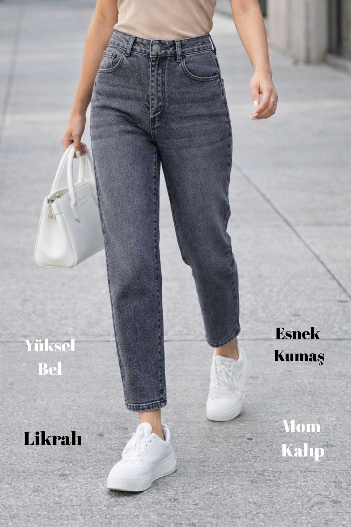 CEDY DENIM Mom Fit Jean magas derekú Boyfriend Cut rugalmas világosszürke női...