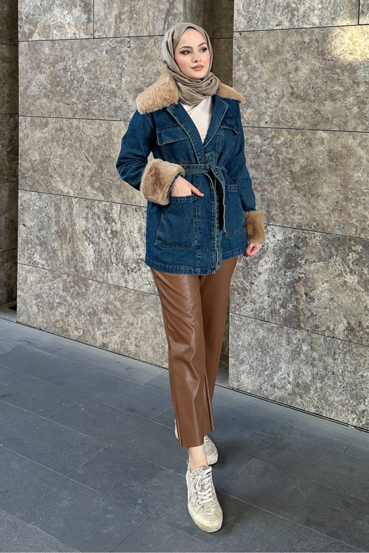 Ovn.  Kürklü Denim Ceket - Koyu Mavi - Görsel 8