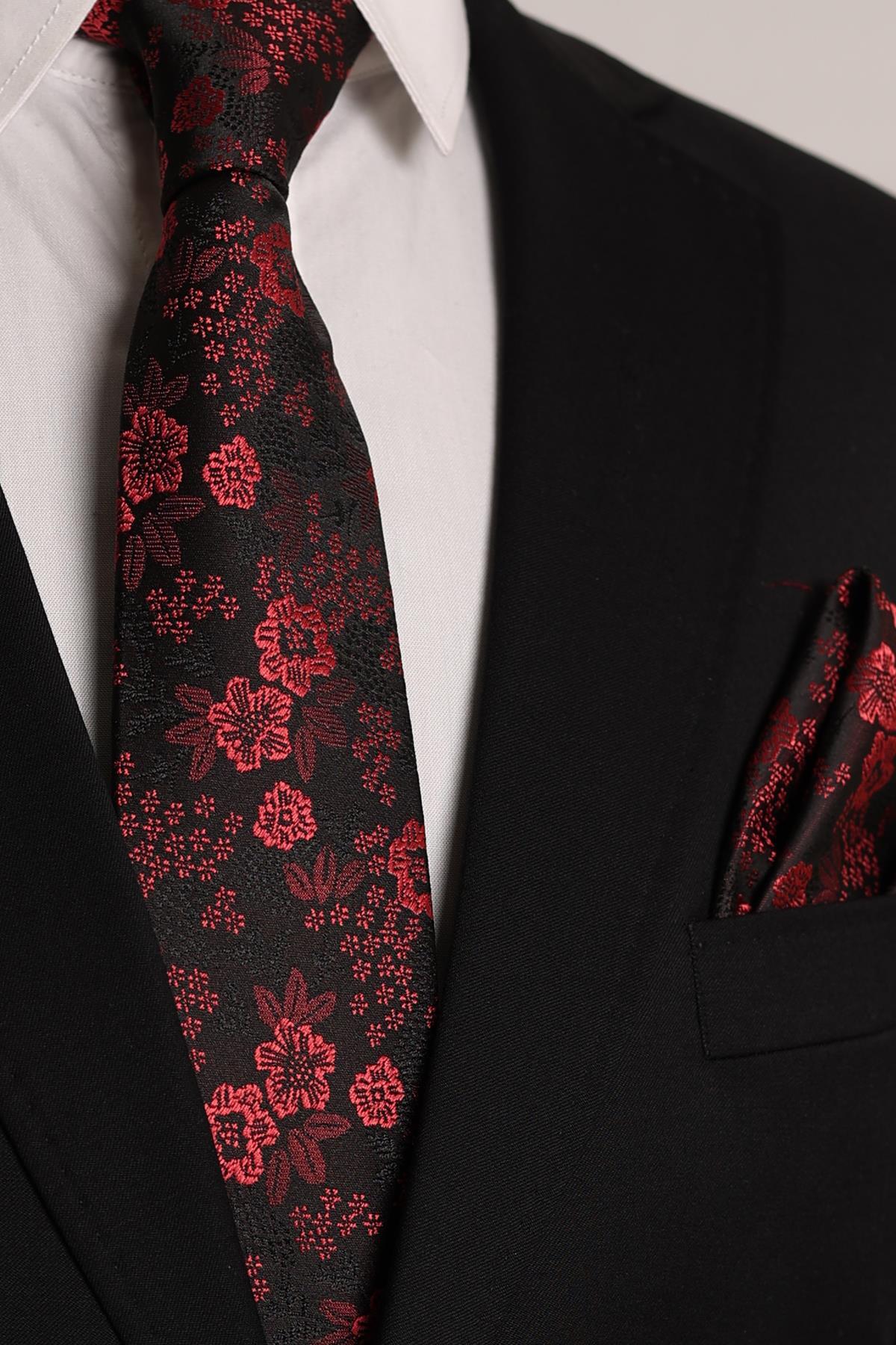  دستمال جیبی کراواتی دست‌ساز طرح گلدار ۷.۵ سانتی‌متری زرشکی