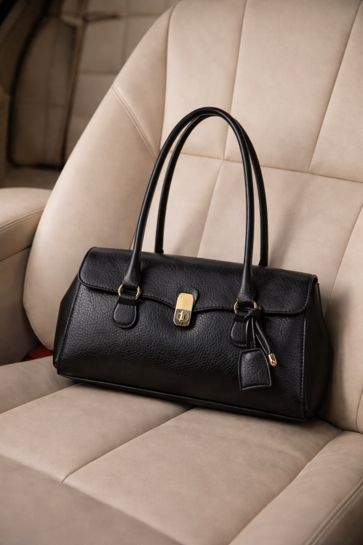 Women's Black Lock Closure Charm Detailed Hand Sleeve and Shoulder Bag