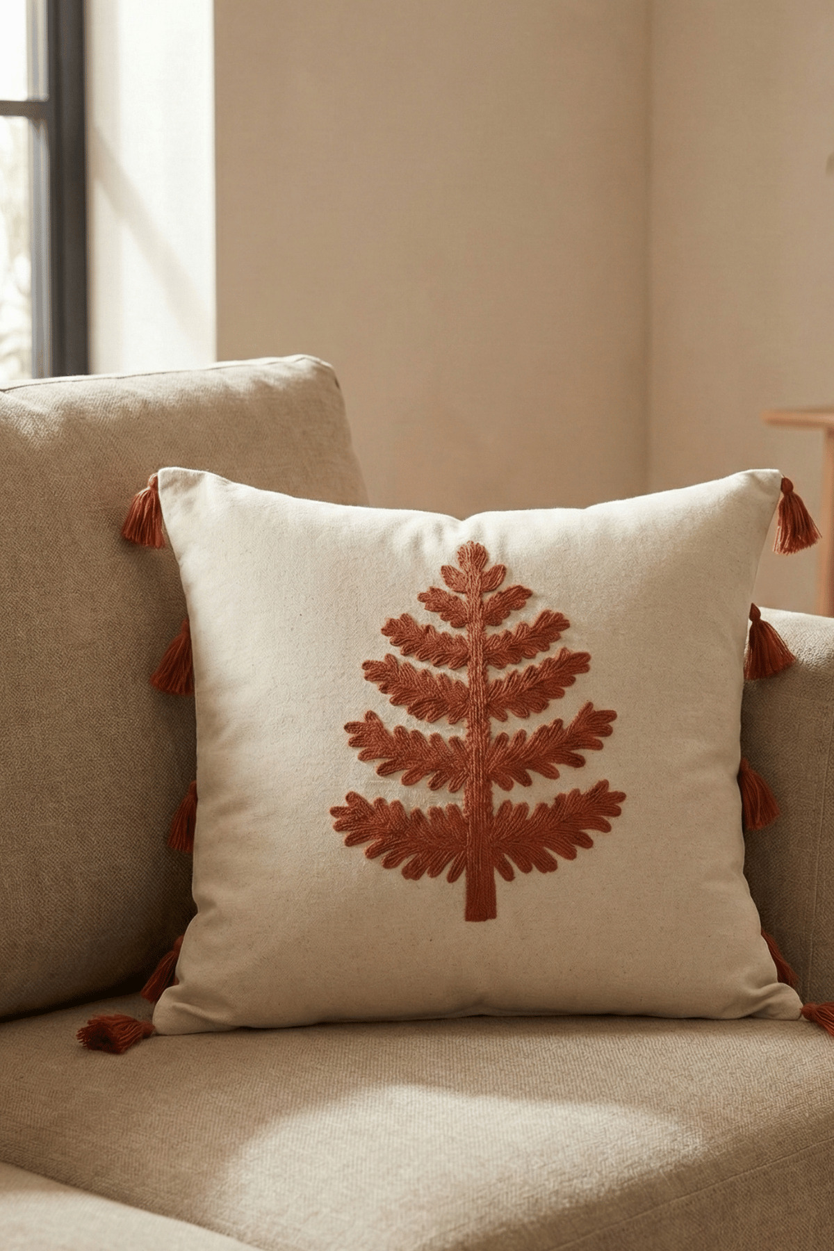 Buldan Wood Patterned Punch Embroidered Tasseled Cotton Throw Pillowcase 43x43 cm