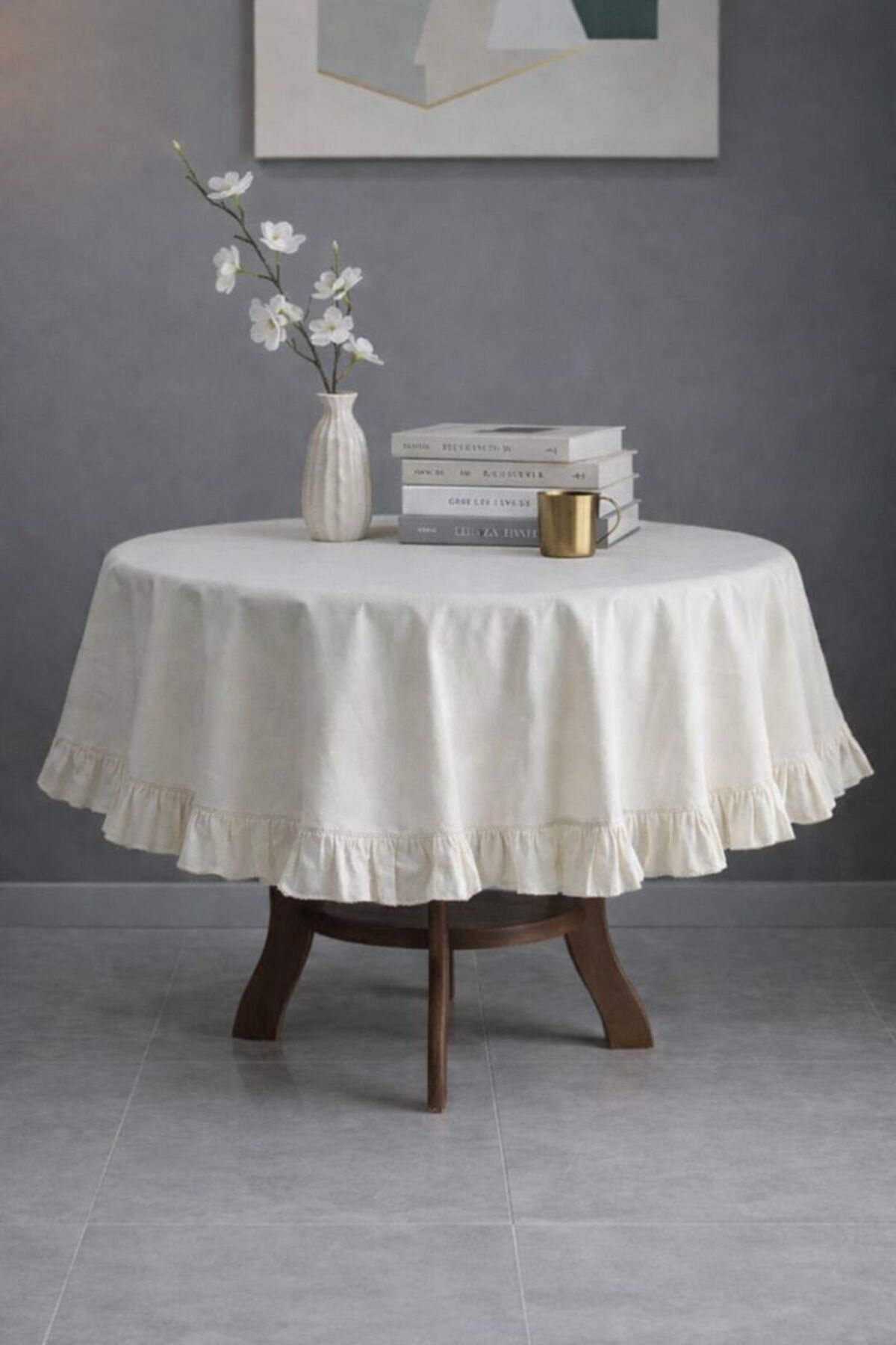 Linen Textured Ruffled Round Tablecloth – Natural Stylish Design, Modern & Classic Decor Compatible