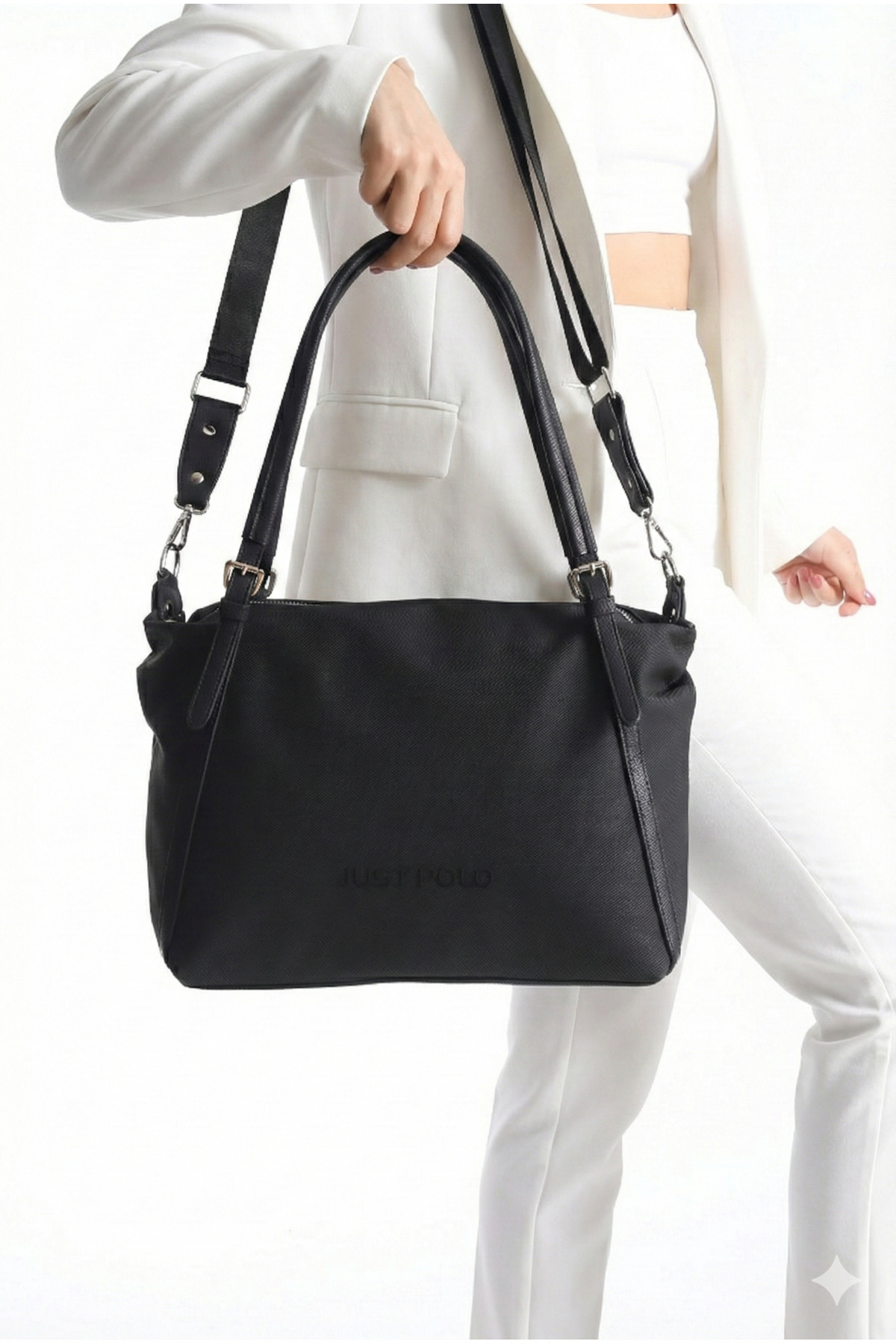 Justpolo Women's Black Oversized Shoulder Bag Adjustable Long Strap School Size