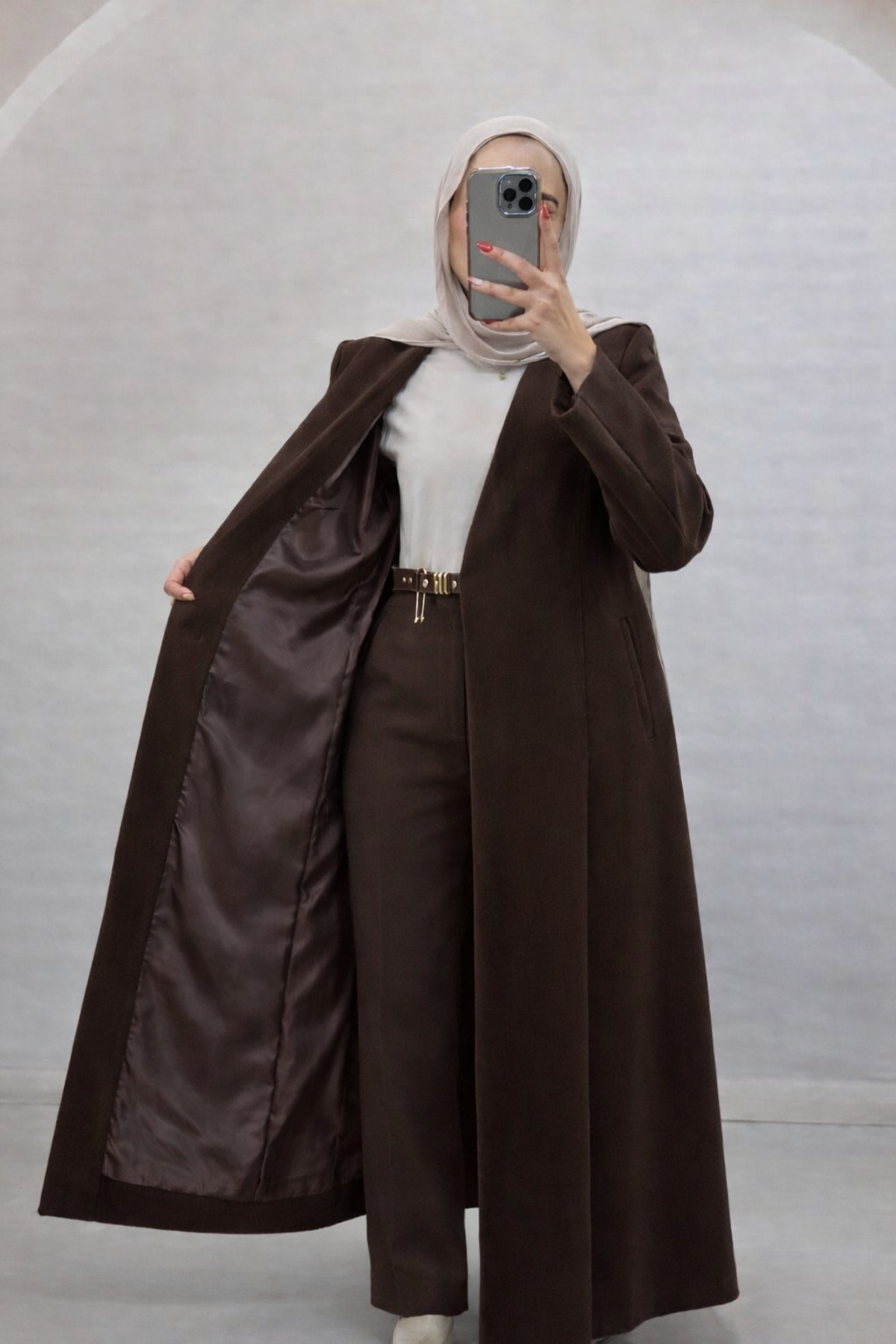 Abaya-AB  “Kışlık Kaşe Uzun Kahverengi mont– Tokalı Model, 38-46” - Görsel 5