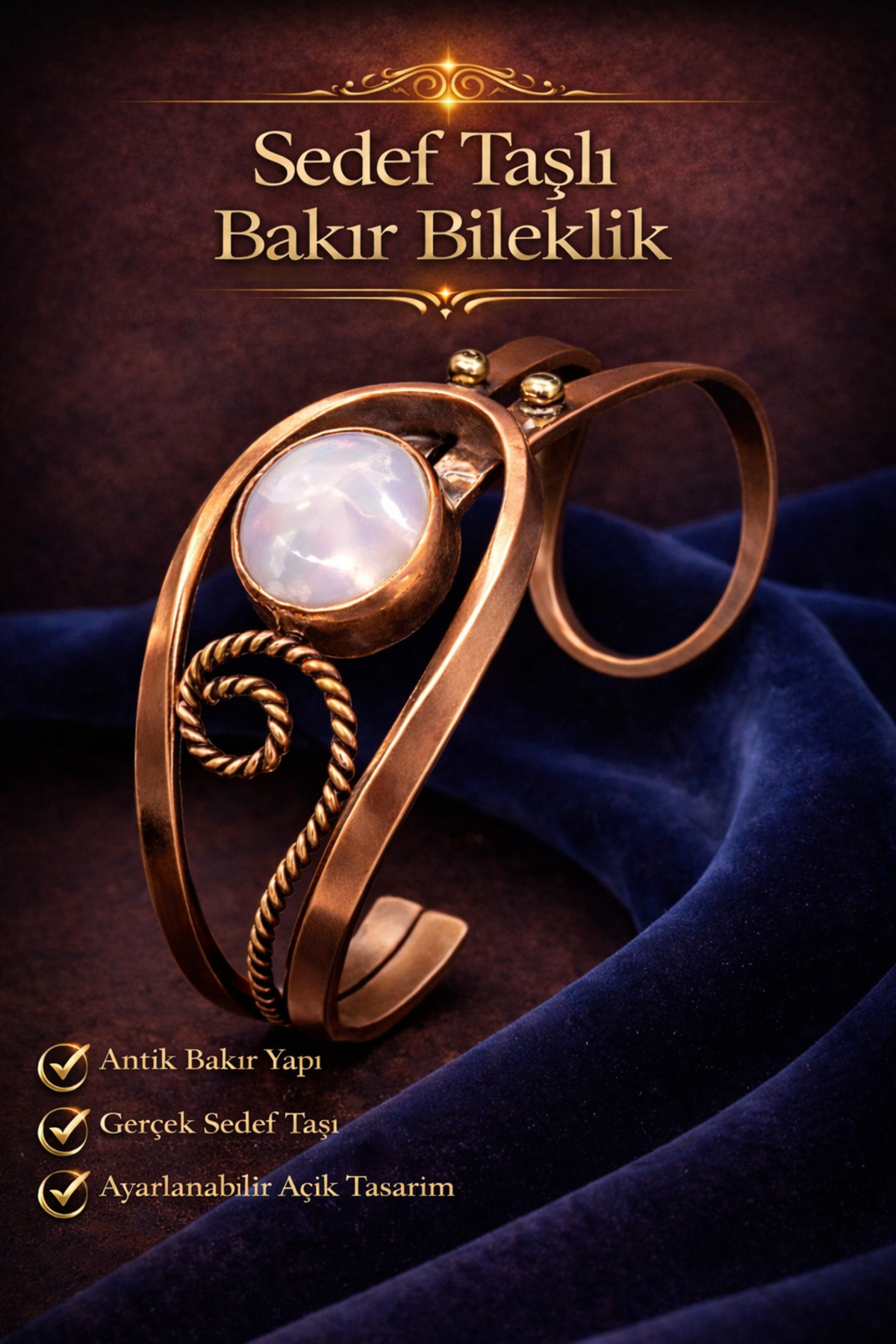 Women's Copper Bracelet Authentic Model Bracelet with Natural Gemstone Suitable for All Wrist