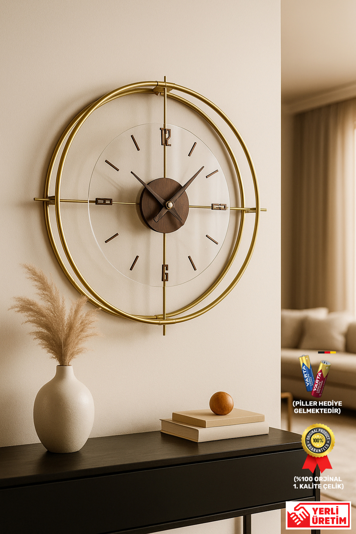 Jumbo Modern Silent Wall Clock – Metal Wall Clock with Gold/Walnut Detail and Quartz Mechanism 55x55 cm