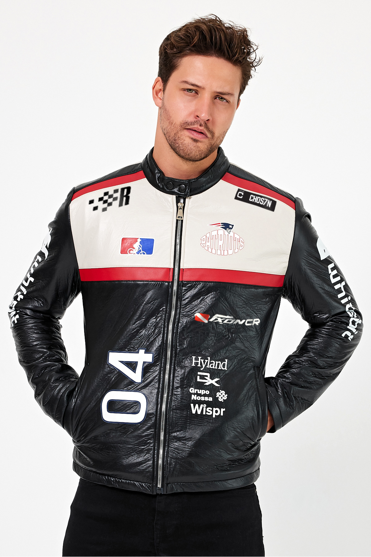 Black Level  Erkek Oversize Puf Deri Yarışçı Ceket Kolej Mont Baskılı Fermuarlı Bomber Mont