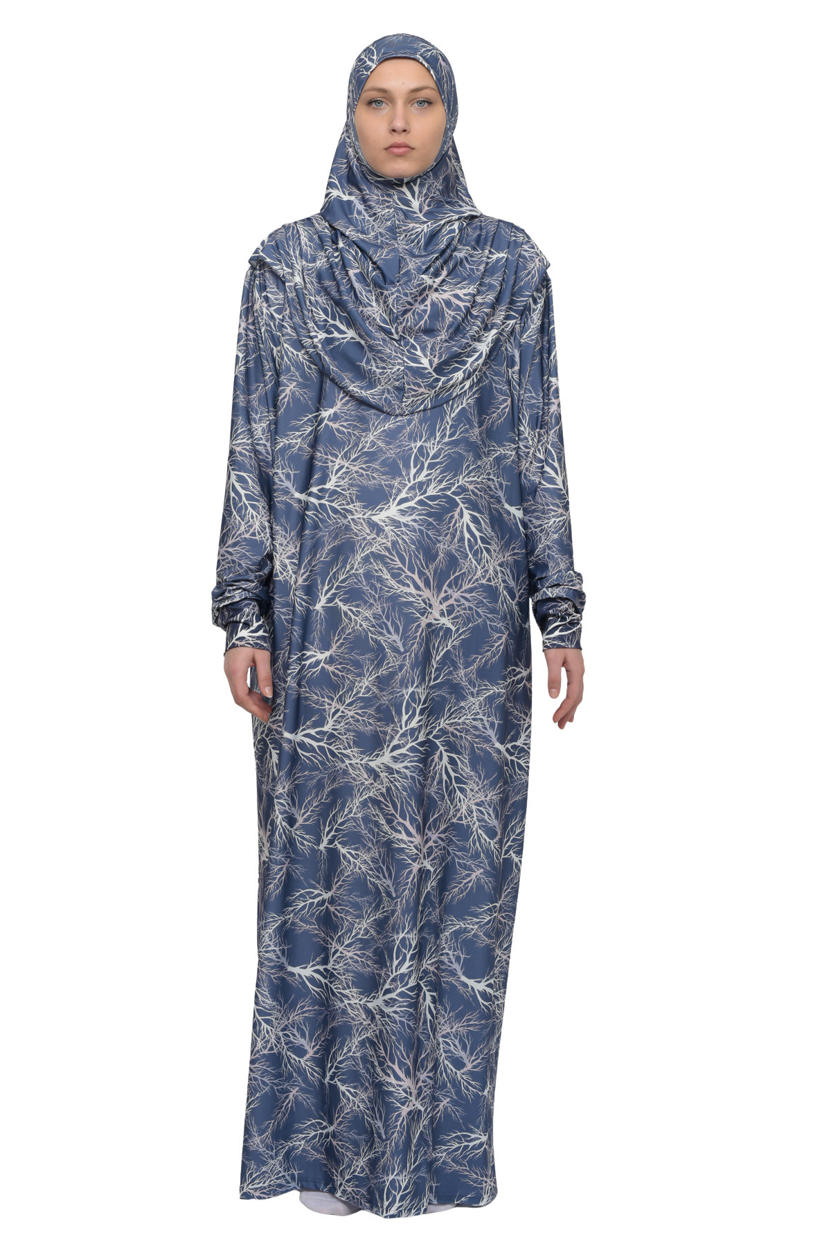 Practical One-Piece Tree Patterned Sleeve Plug and Pull Hijab Lycra Prayer Dress 990-0705