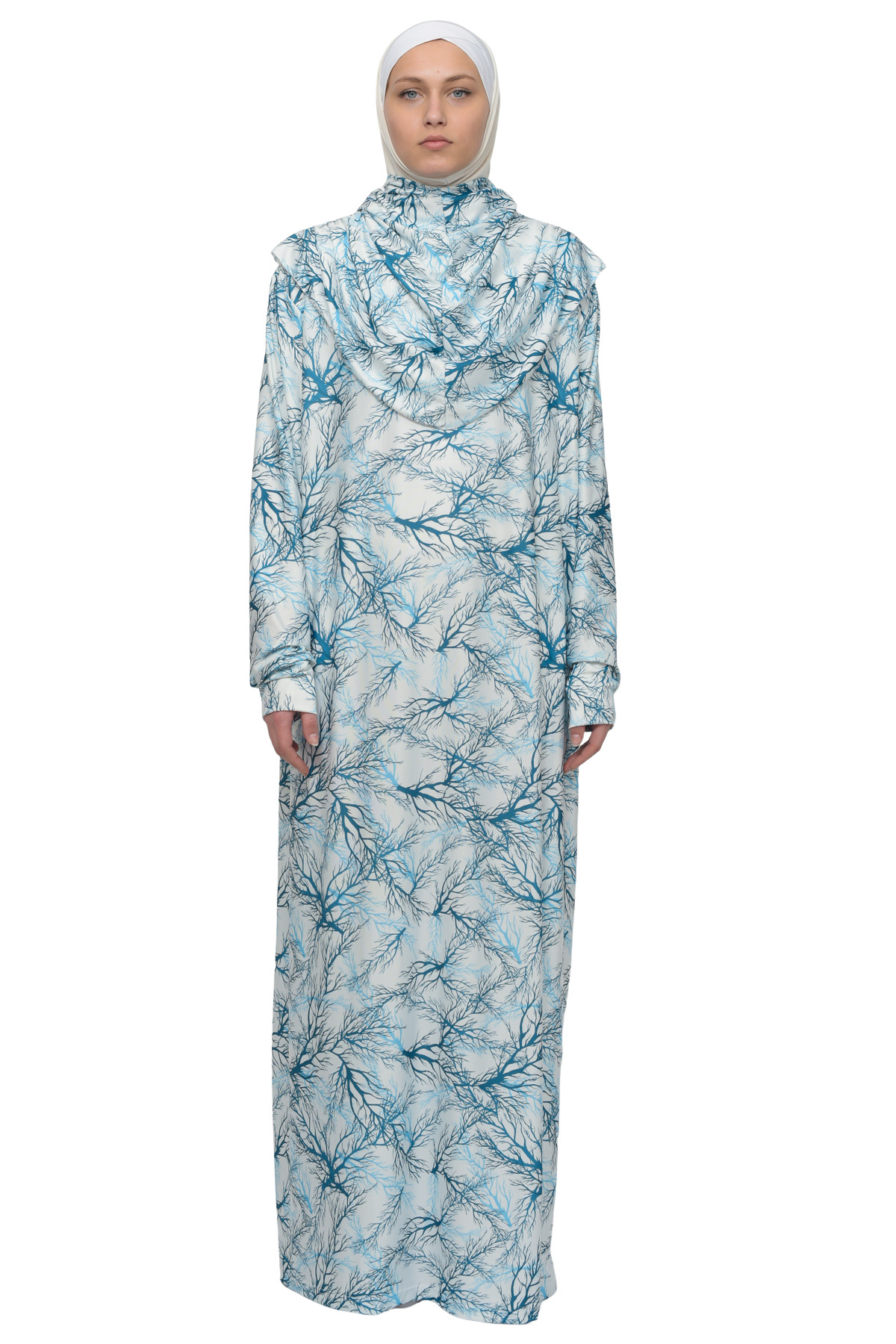 Practical One-Piece Tree Patterned Sleeve Plug and Pull Hijab Lycra Prayer Dress 990-0705