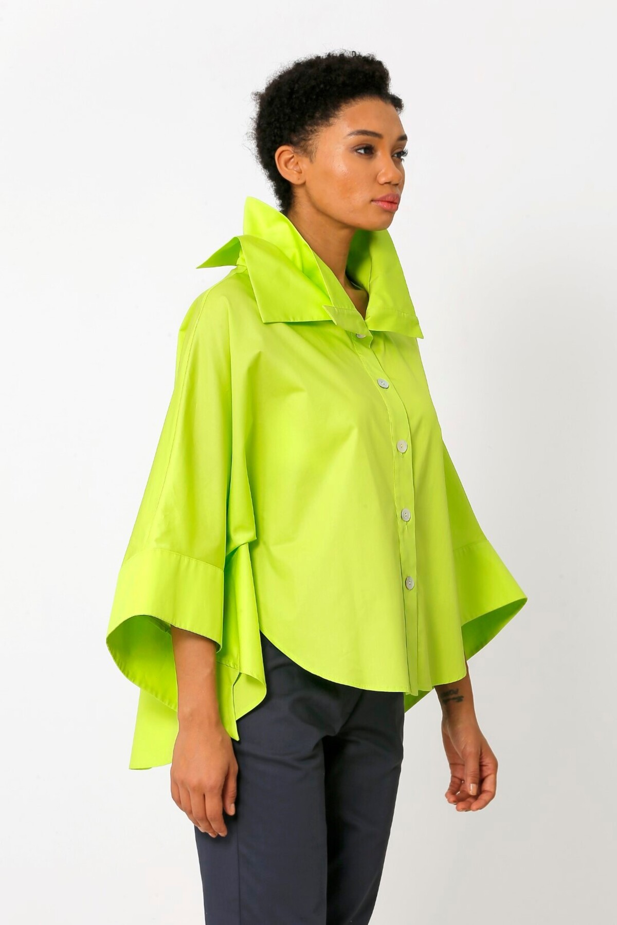 BİZE  Çift Yakalı Panço Gömlek - Limon Yeşili - Görsel 2