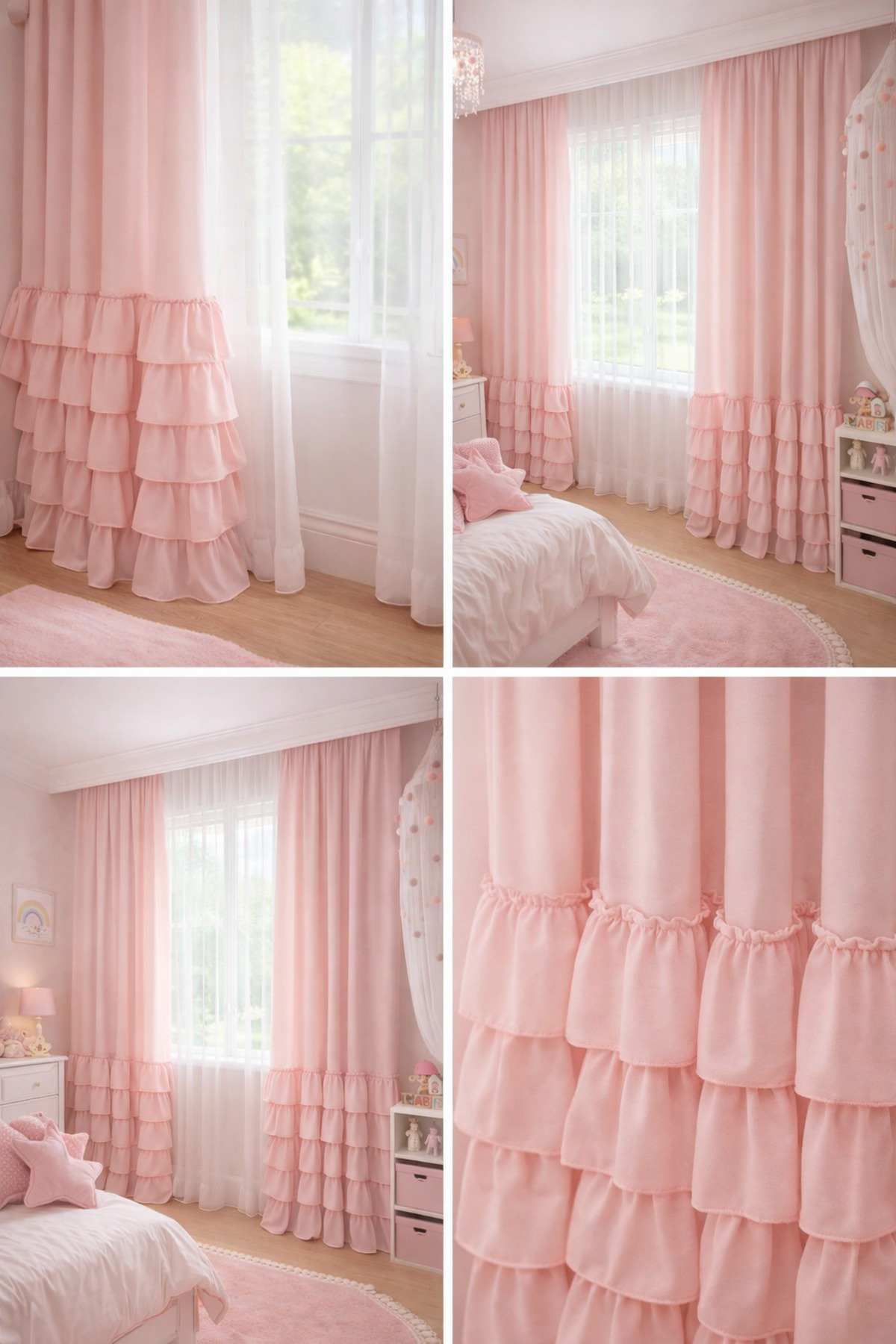 Perdeplus Kız Çocuk Odası Pudra Pembe Fırfırlı Tül Perde – Pastel Tasarım fotoğrafı 3 (önizleme)