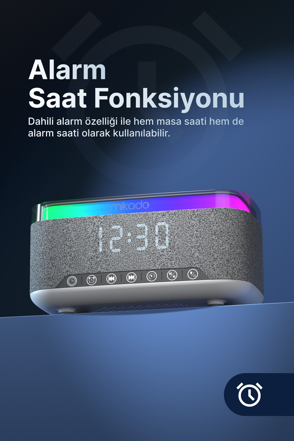 Resim Mikado Bluetooth Hoparlör MD-W8 1200mAh Kablosuz Şarj, Alarmlı Saat ve RGB Gece Lambası Özellikli 
