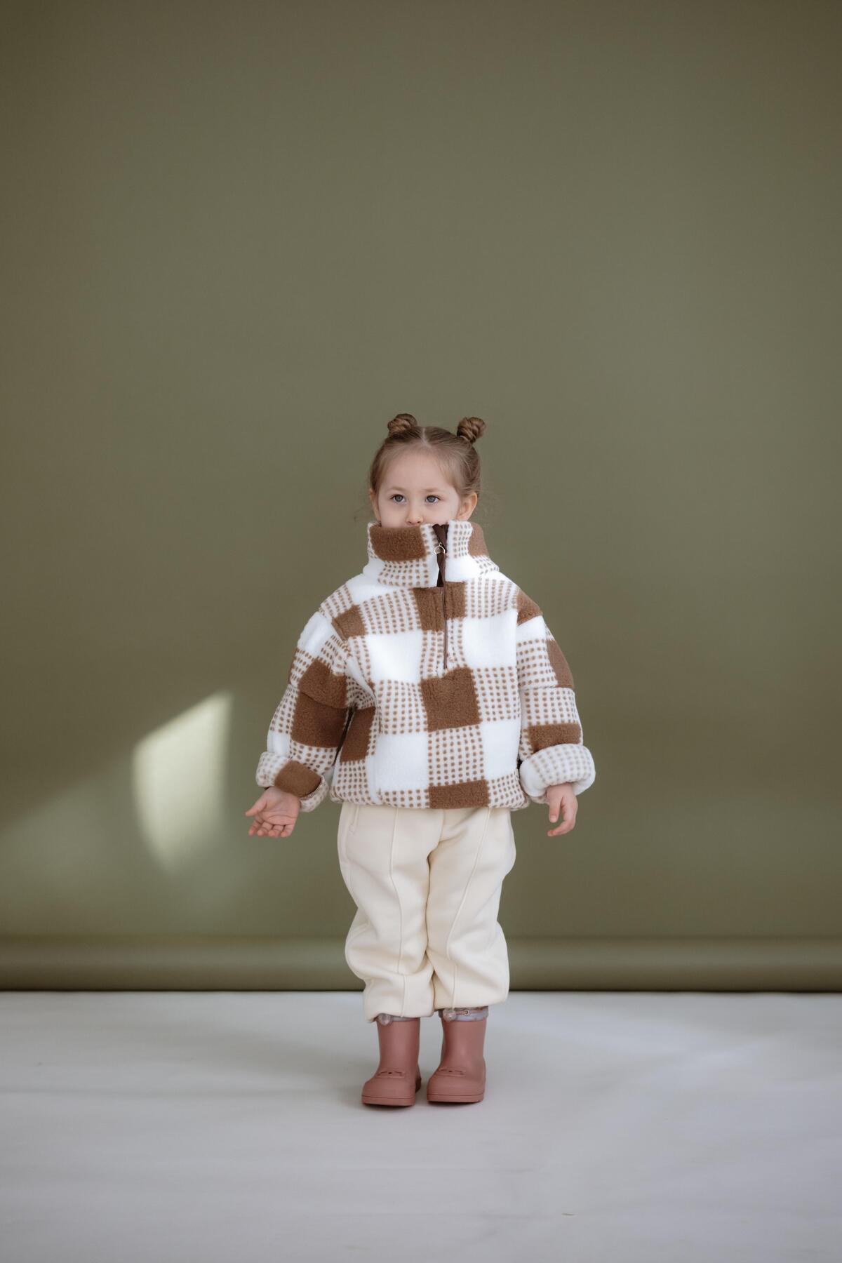 Coffee Plaid Half Zipper Wellsoft Children's Coat 1-6 Years