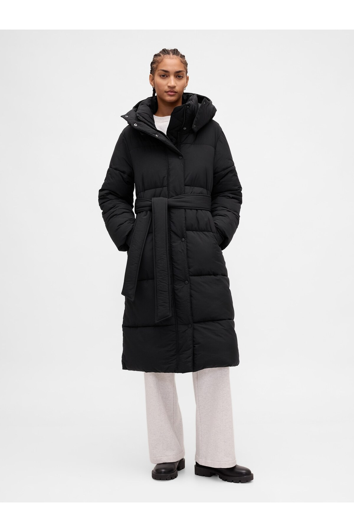 GAP  Kadın Siyah Belted Long Puffer Şişme Kaban