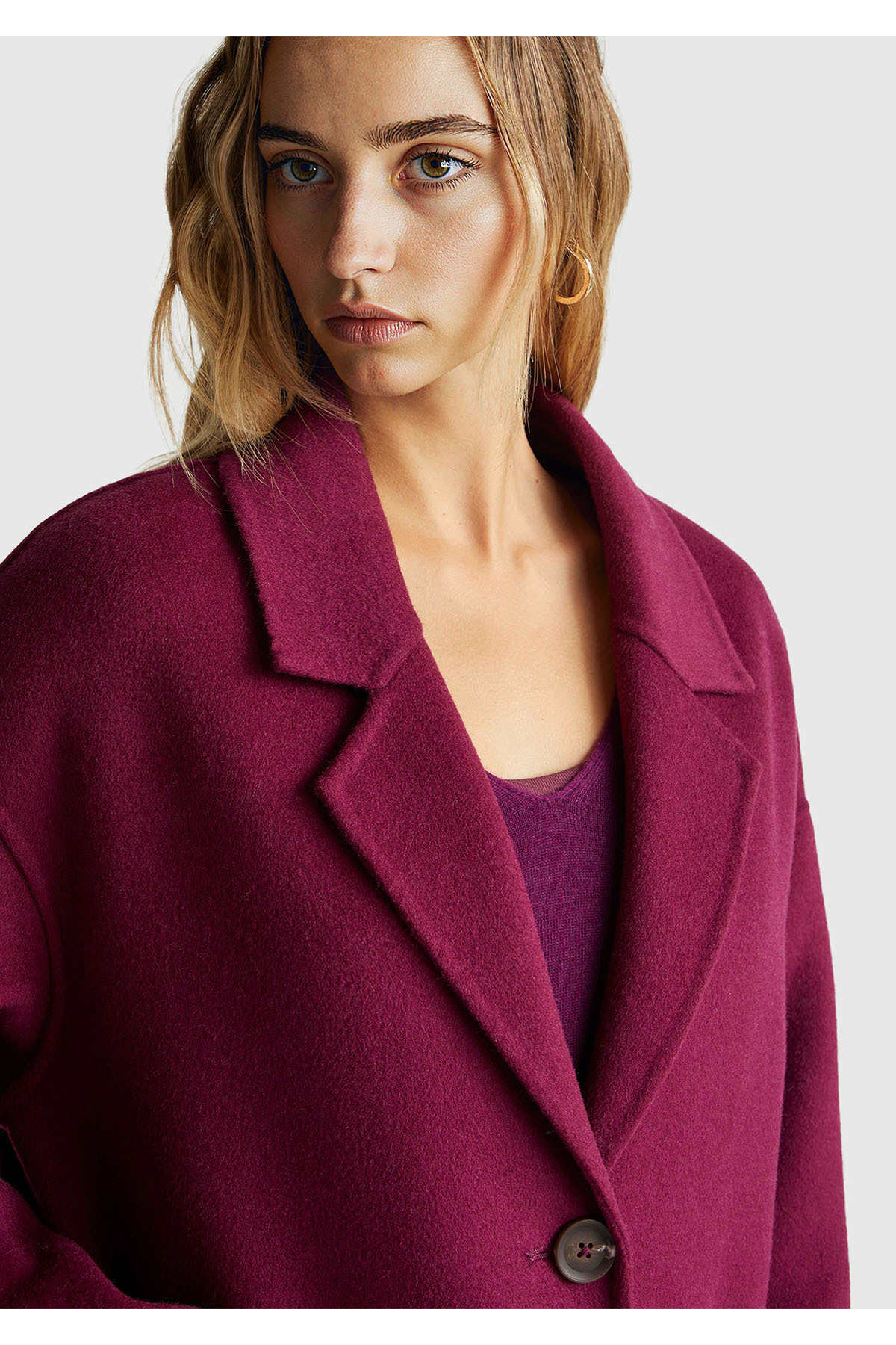 United Colors of Benetton  Kadın Mor Yün ve Viskoz Karışımlı Cep Detaylı Düğmeli Kruvaze Kaban - Görsel 6