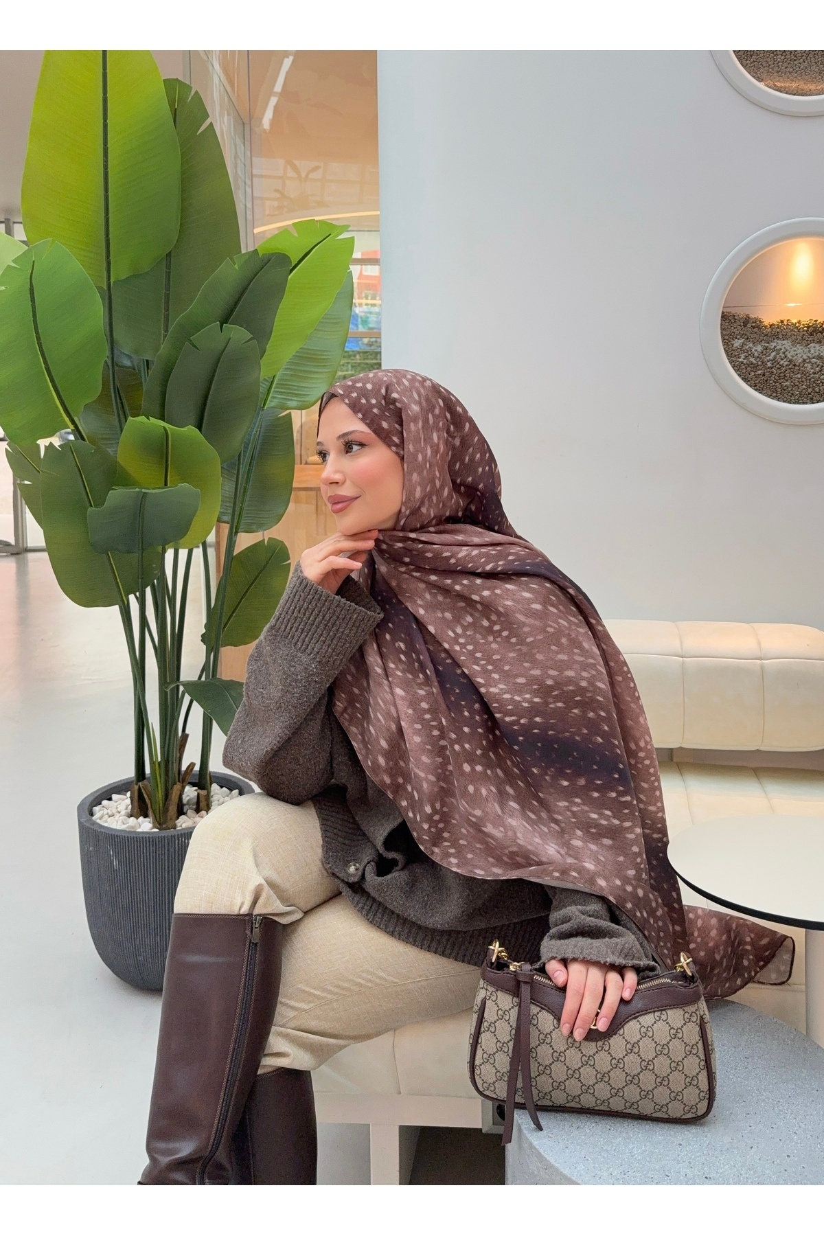 Mira İpek  Ceylan Bambi Desenli Pamuk Soft Şal Trend Kadın Şal ps221 - Görsel 6