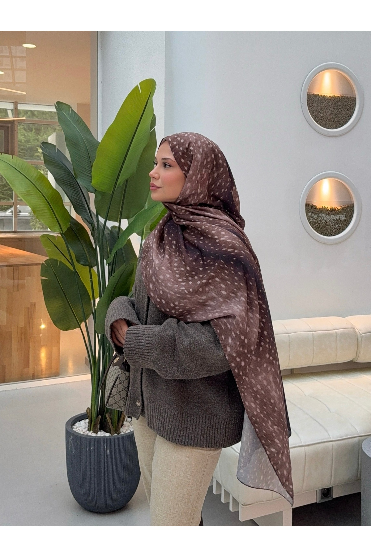 Mira İpek  Ceylan Bambi Desenli Pamuk Soft Şal Trend Kadın Şal ps221 - Görsel 4