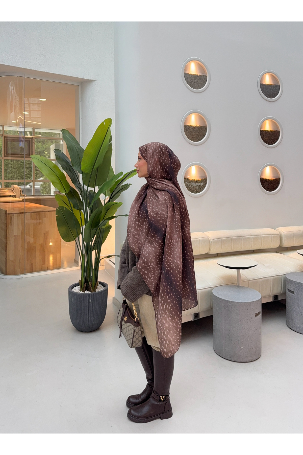 Mira İpek  Ceylan Bambi Desenli Pamuk Soft Şal Trend Kadın Şal ps221 - Görsel 5